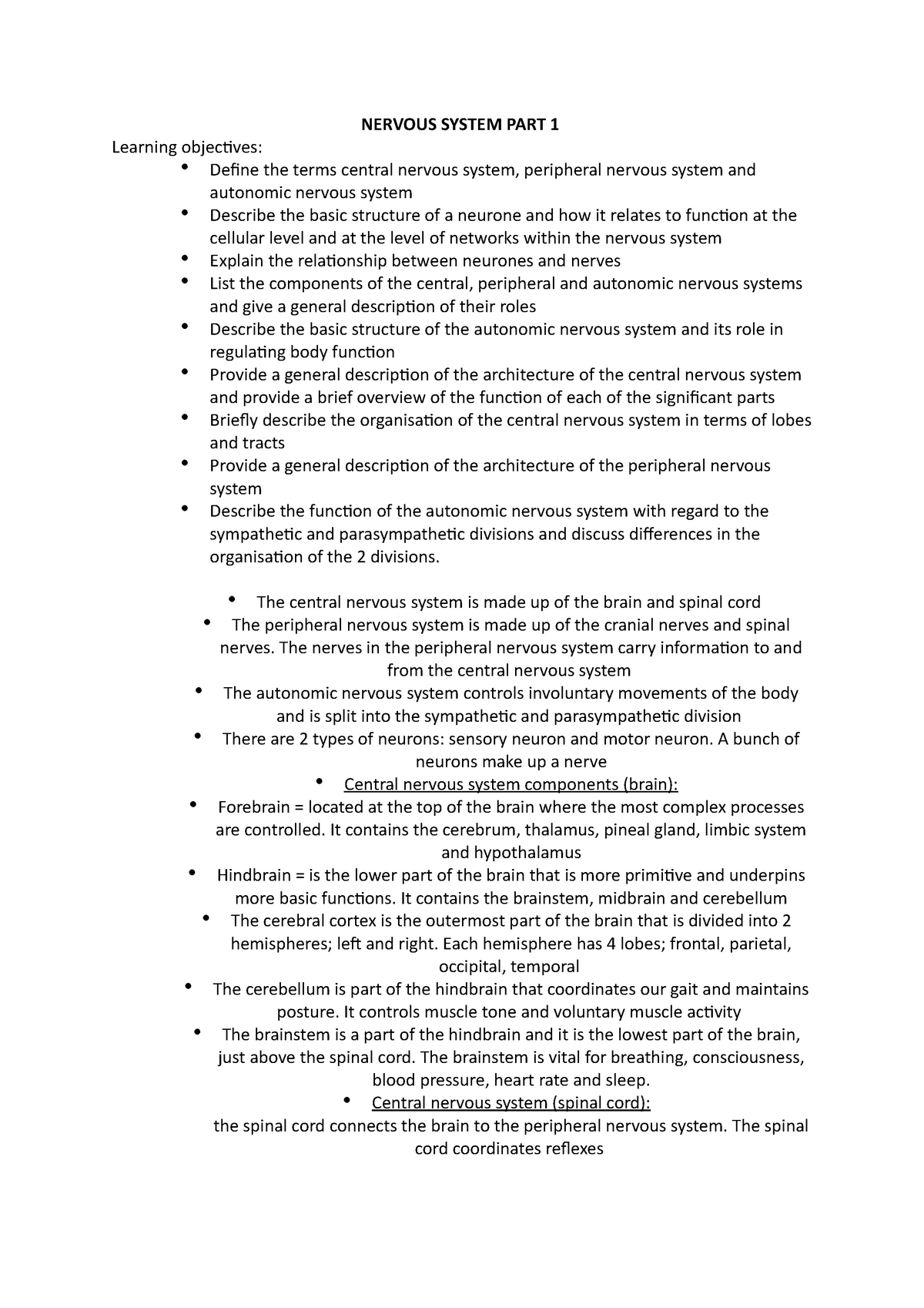 Nervous System PART 1 answers to learning objectives NERVOUS SYSTEM