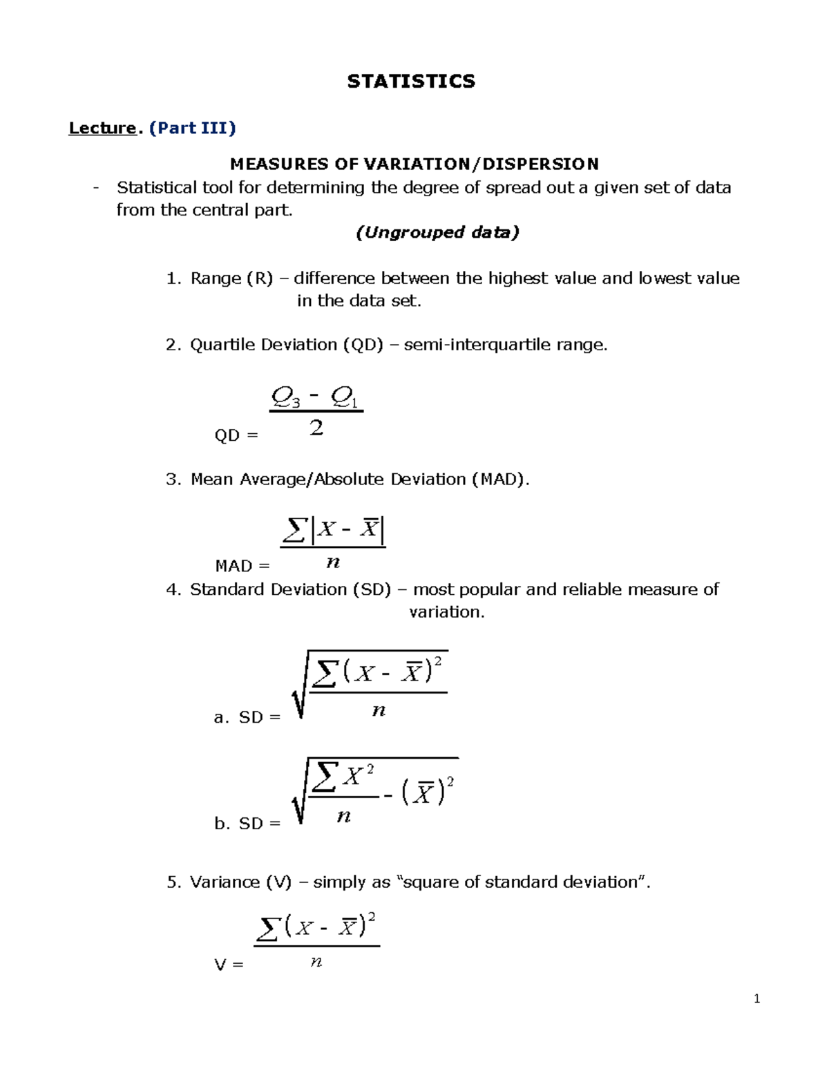 Statistics Module Part-3 - STATISTICS Lecture. (Part III) MEASURES OF ...