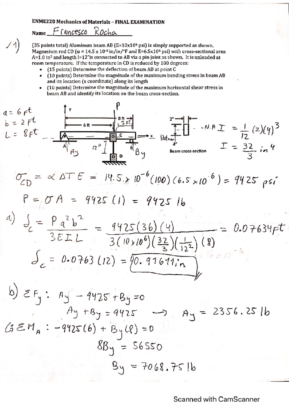 221 final - ENME220 Mechanics of Materials FINAL EXAMINATION Name ...