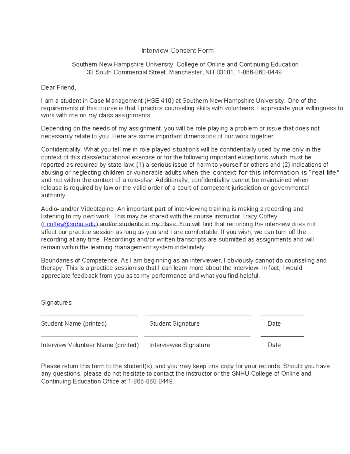 Interview Consent Form - Interview Consent Form Southern New Hampshire ...
