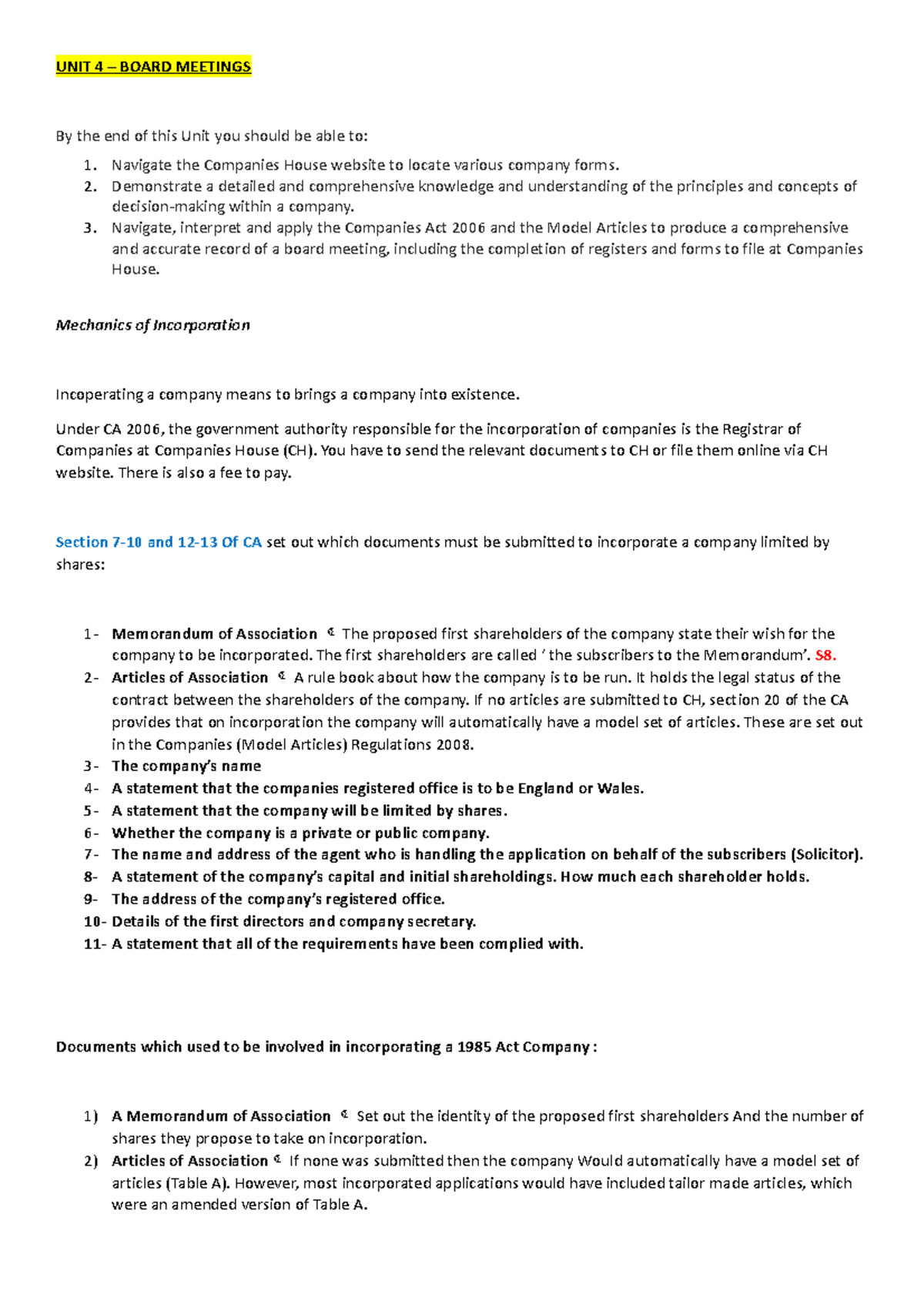 UNIT 4 Board Meetings work UNIT 4 BOARD MEETINGS By the end of