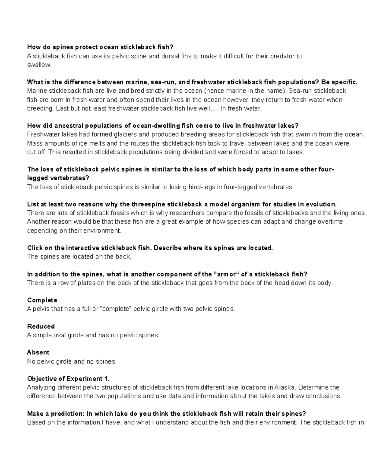 Week 7 Lab Stickleback fish lab Stickleback How do spines protect