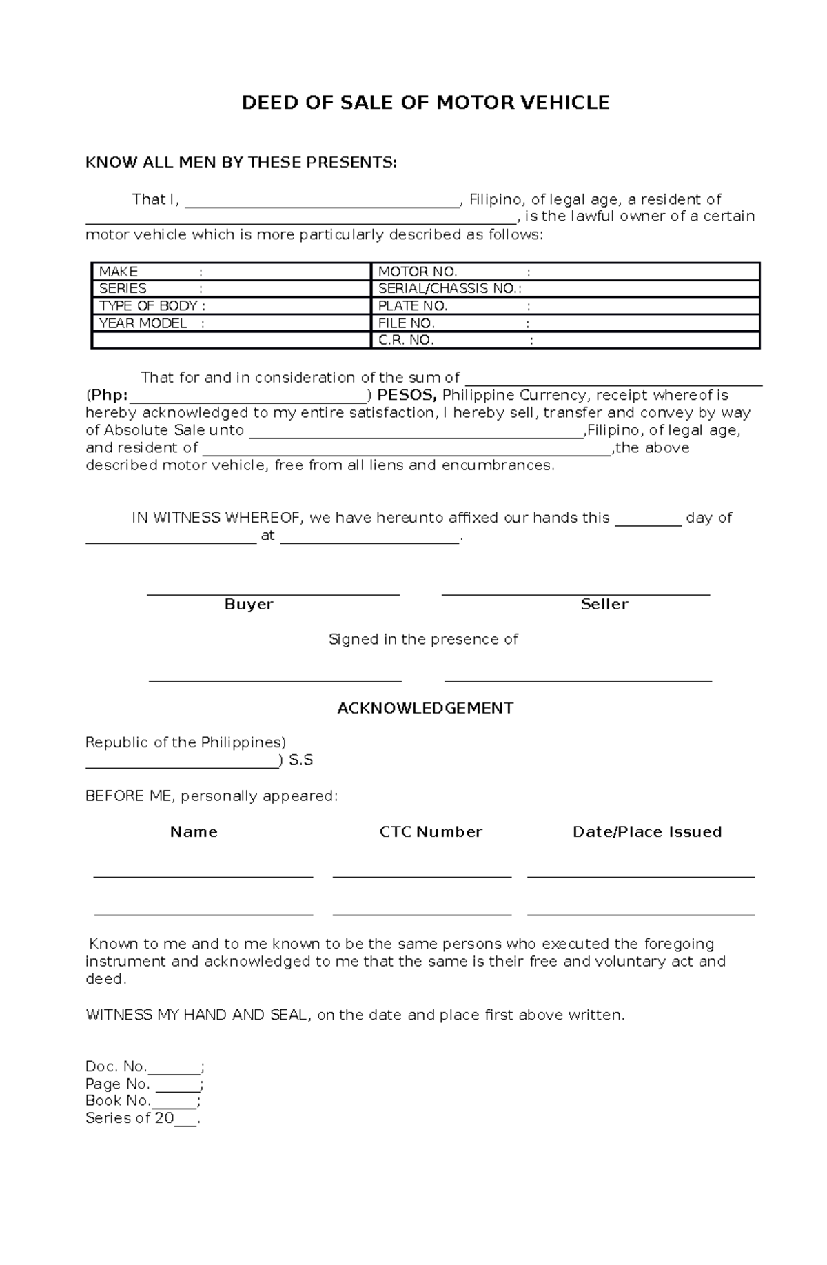 Deed of Sale of Motor Vehicle - DEED OF SALE OF MOTOR VEHICLE KNOW ALL ...