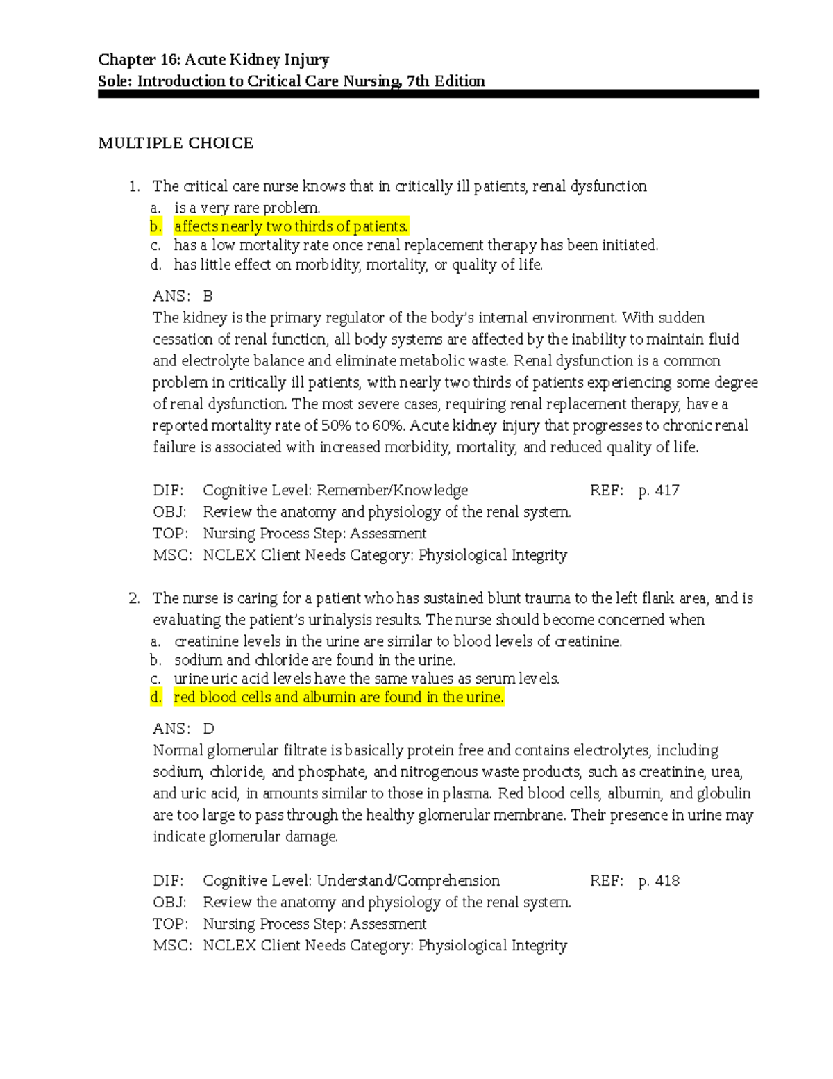 C16 - chapter 16 exam practice questions - Chapter 16: Acute Kidney ...