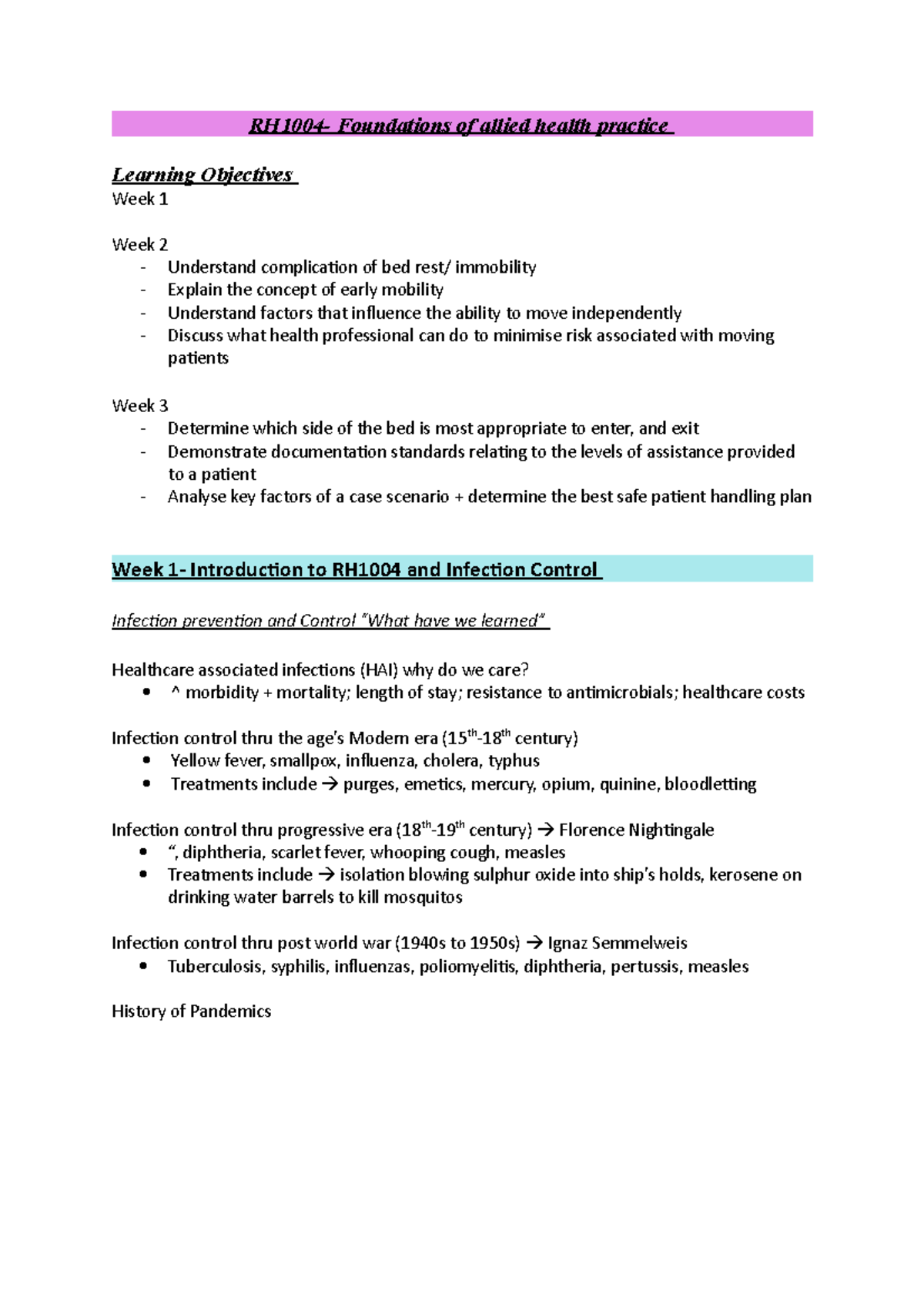 Rh1004 notes - RH1004- Foundations of allied health practice Learning ...