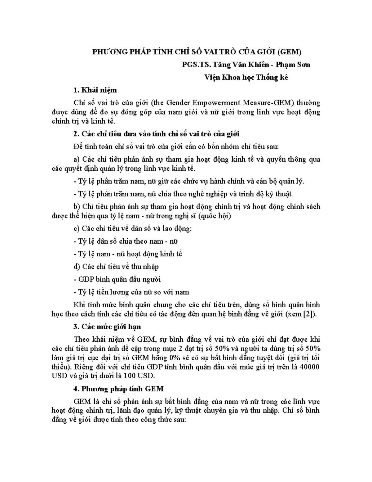 Tinh chi so vai tro cua gioi - PHƯƠNG PHÁP TÍNH CHỈ SỐ VAI TRÒ CỦA GIỚI