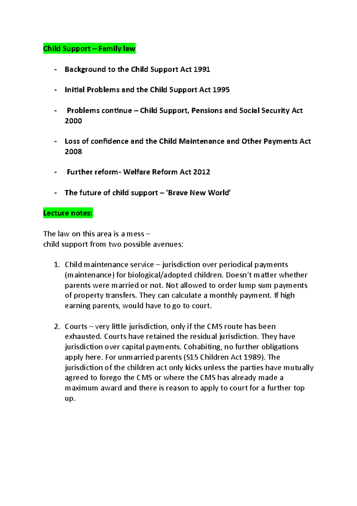 Child Support lecture - Notes - Child Support – Family law - Background ...