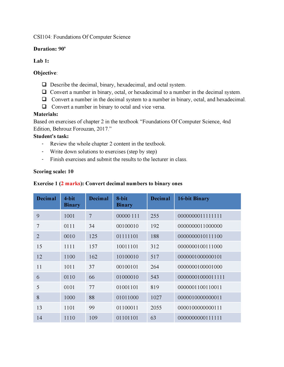 Lab 01 - Practical - CSI104: Foundations Of Computer Science Duration ...