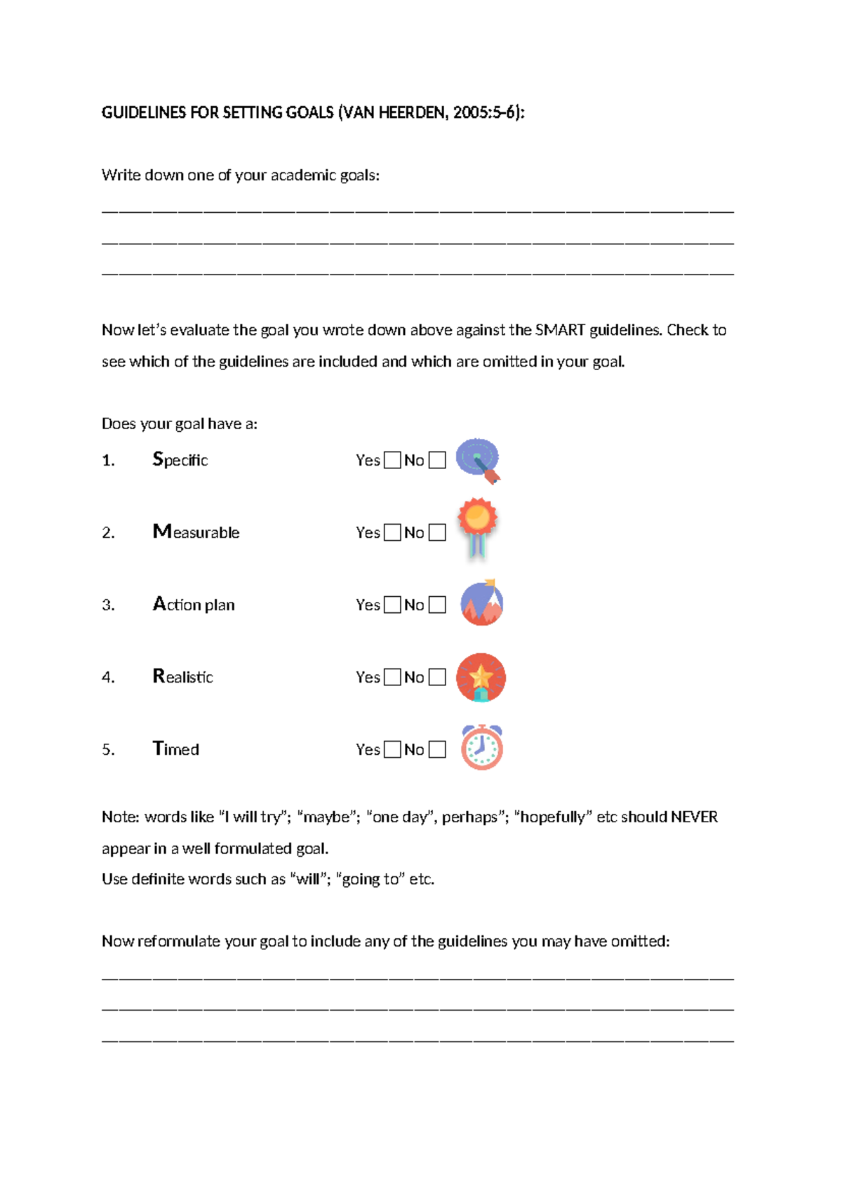 Worksheet for setting goals - GUIDELINES FOR SETTING GOALS (VAN HEERDEN ...
