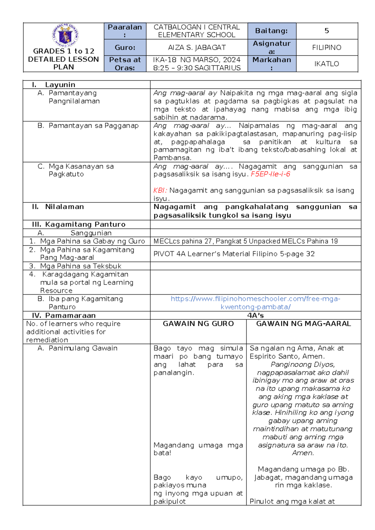 4as Tagalog Lesson Plan Grades 1 To 12 Detailed Lesson Plan Paaralan Catbalogan I Central 0728