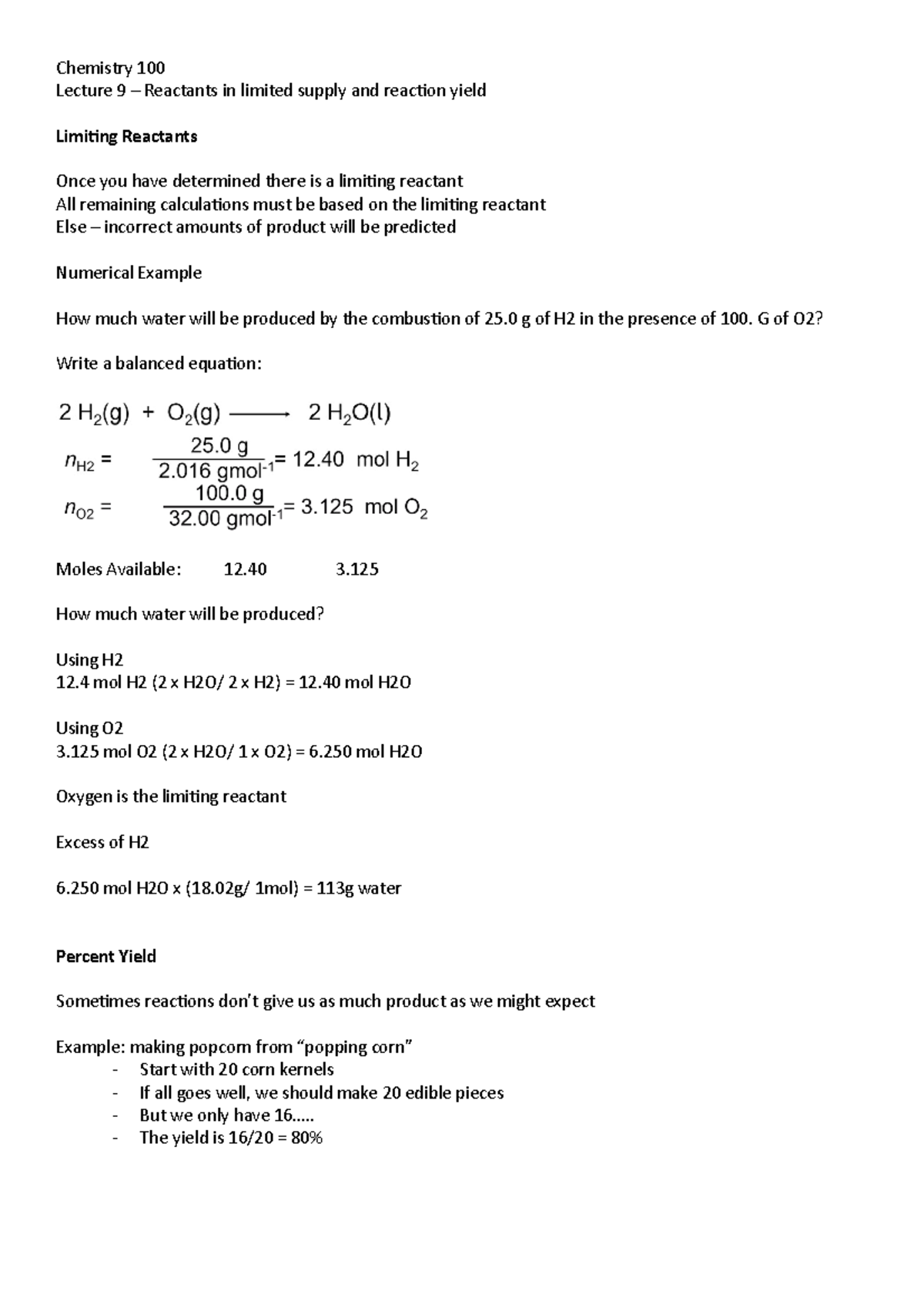 Lecture 9 Limiting Reactants and Percentage Yield Chemistry 100 Lecture 9 Reactants in