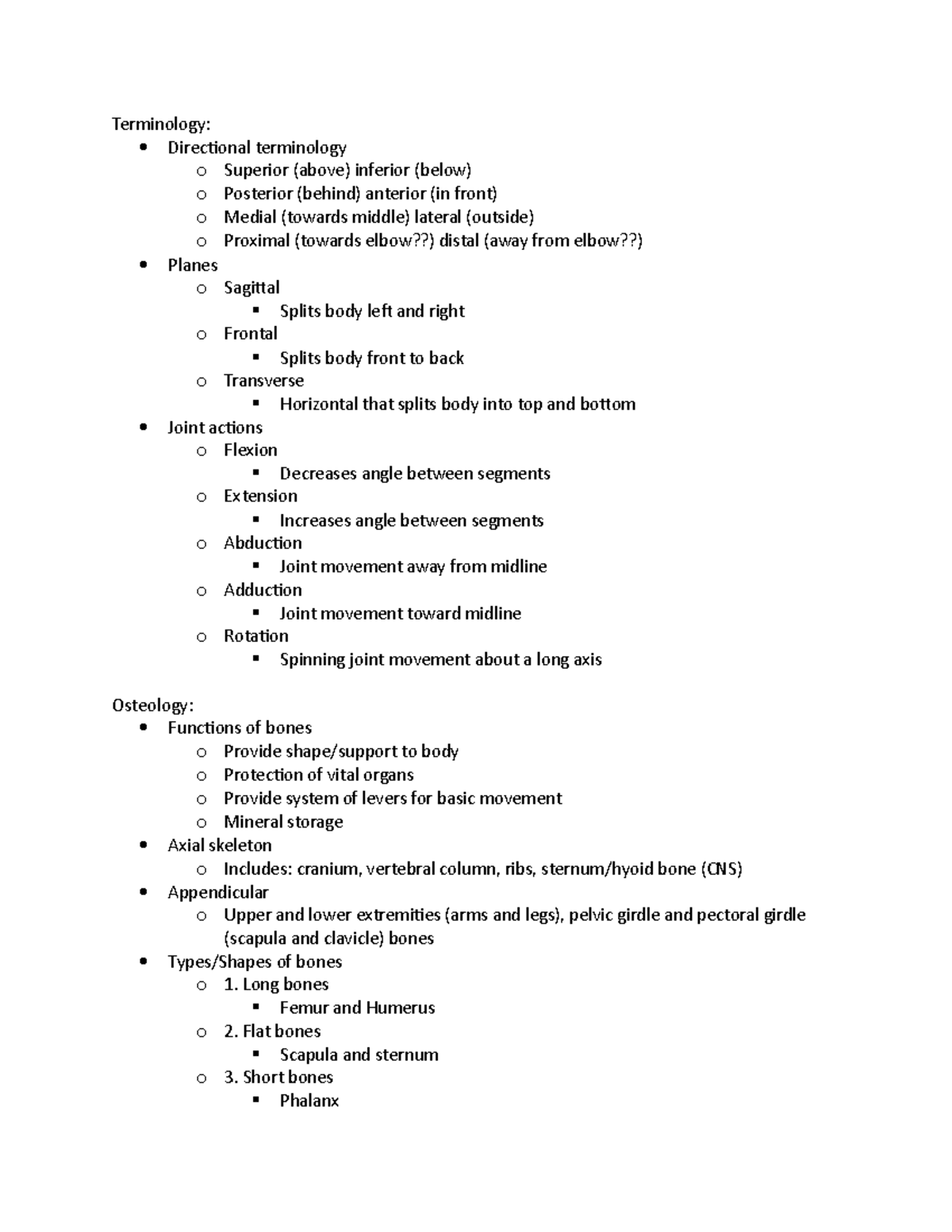 Kine exam 1 study guide - Terminology: Directional terminology o ...