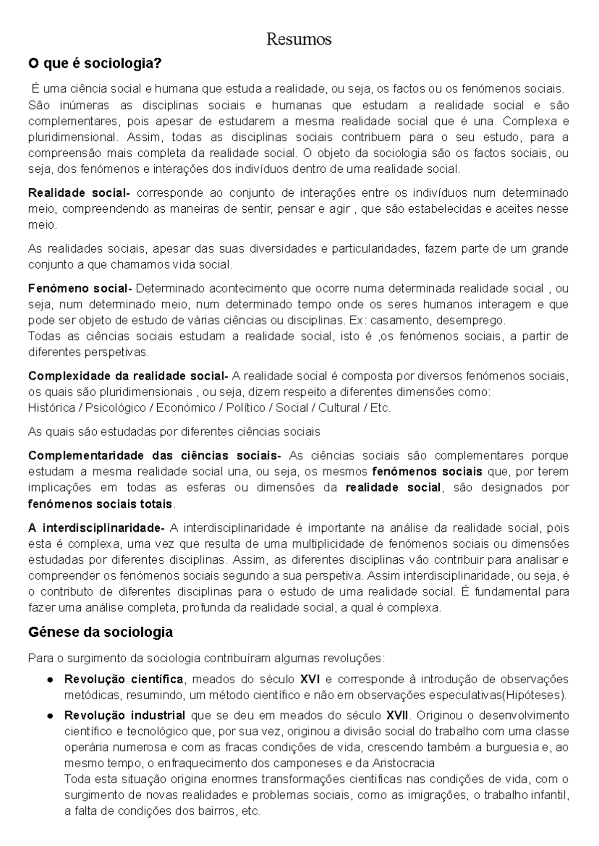 Resumos Sociologia - Resumos O que é sociologia? É uma ciência social e ...