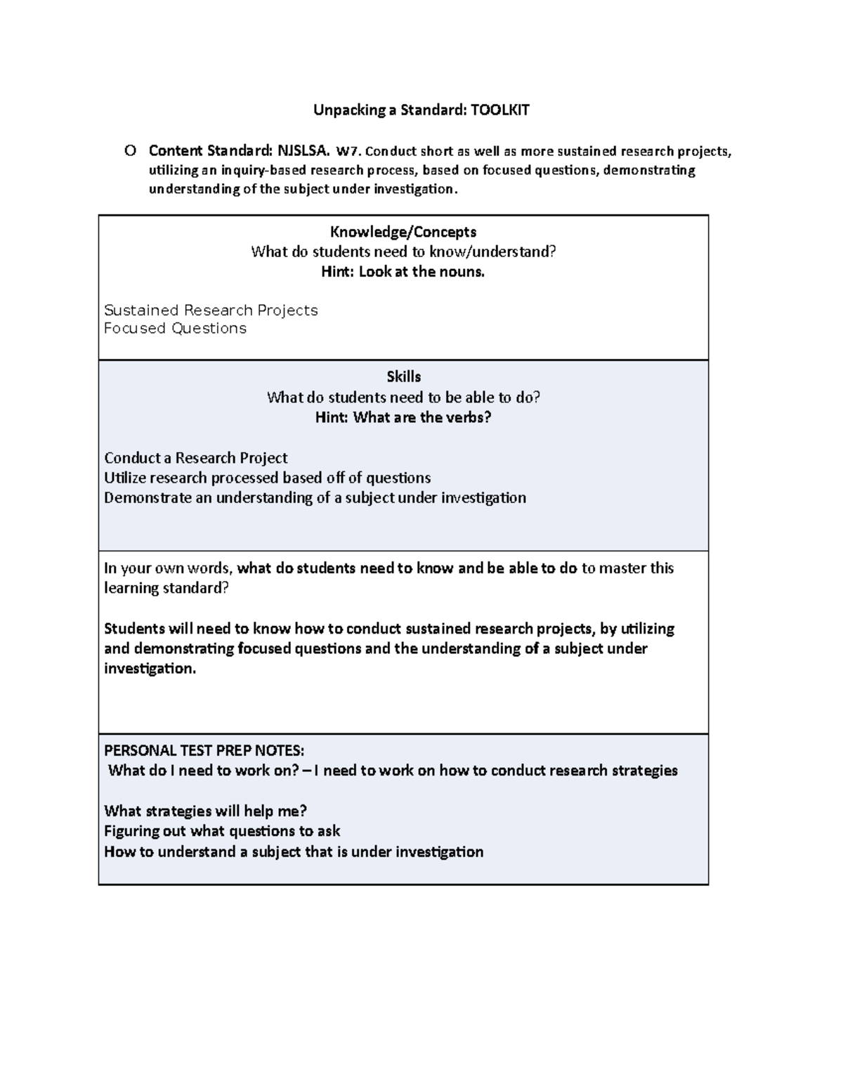 W7 Standard - Unpacking A Standard: TOOLKIT O Content Standard: NJSLSA ...