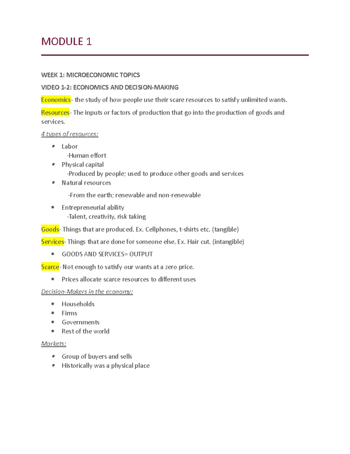 Module 1 Marcoeconomics Notes - MODULE 1 WEEK 1: MICROECONOMIC TOPICS ...