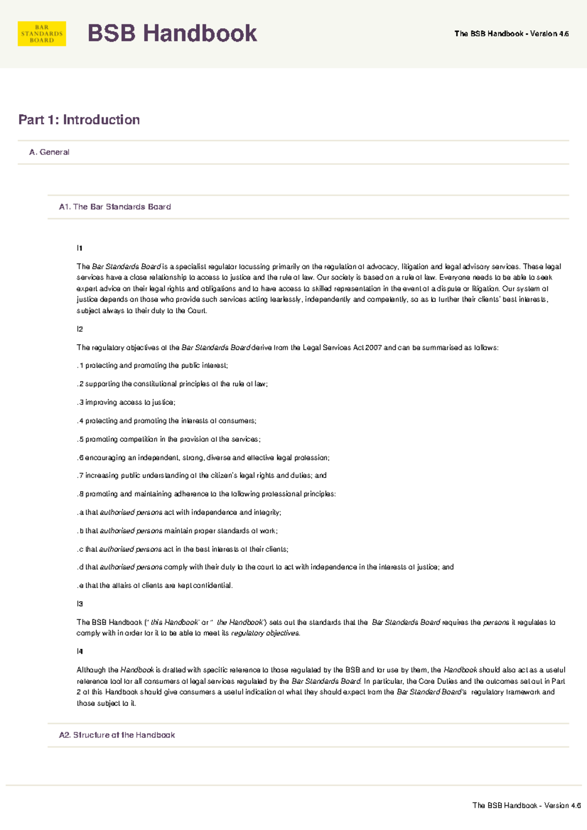 BSB Handbook Part 1 Introduction A. General A1. The Bar Standards