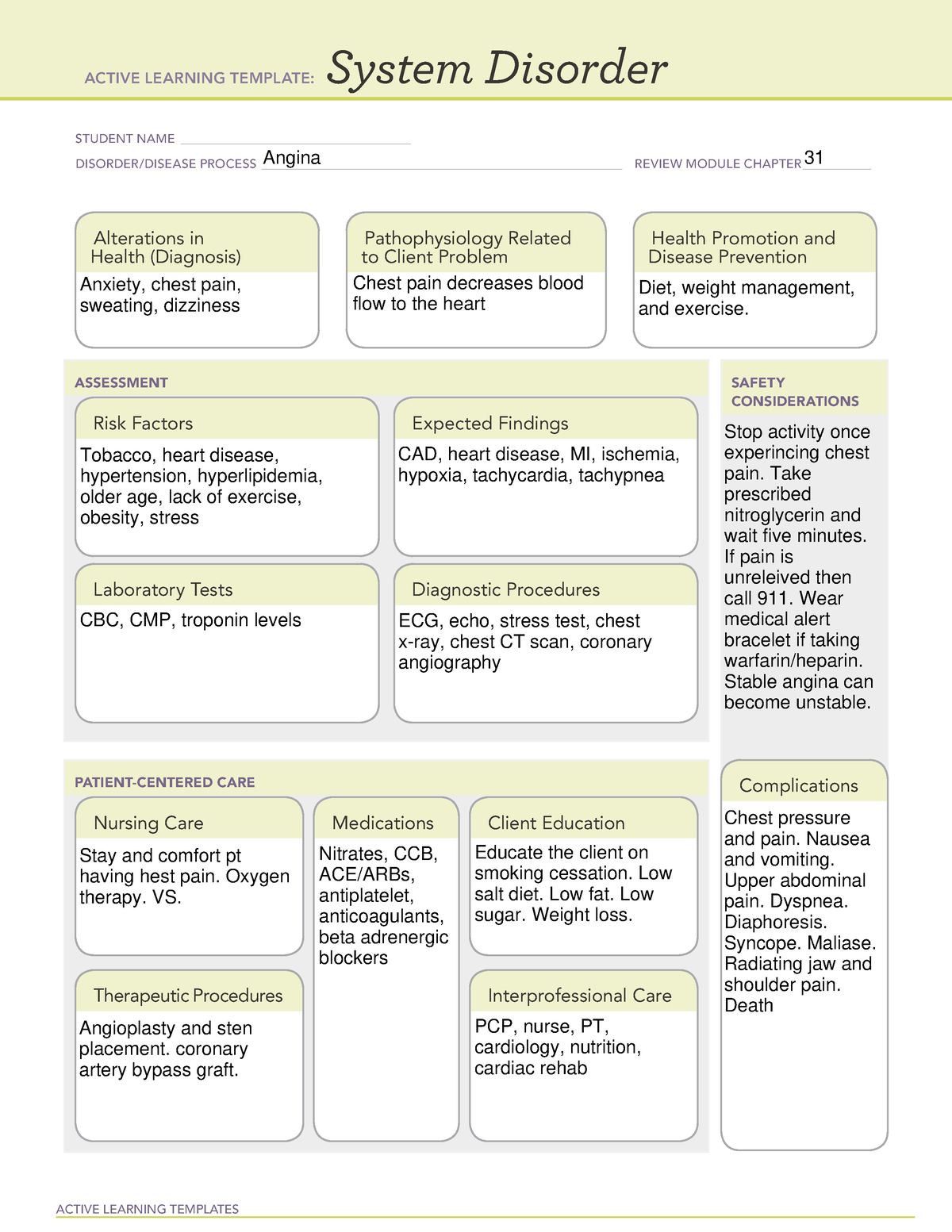 Angina Worksheet ACTIVE LEARNING TEMPLATES System Disorder STUDENT