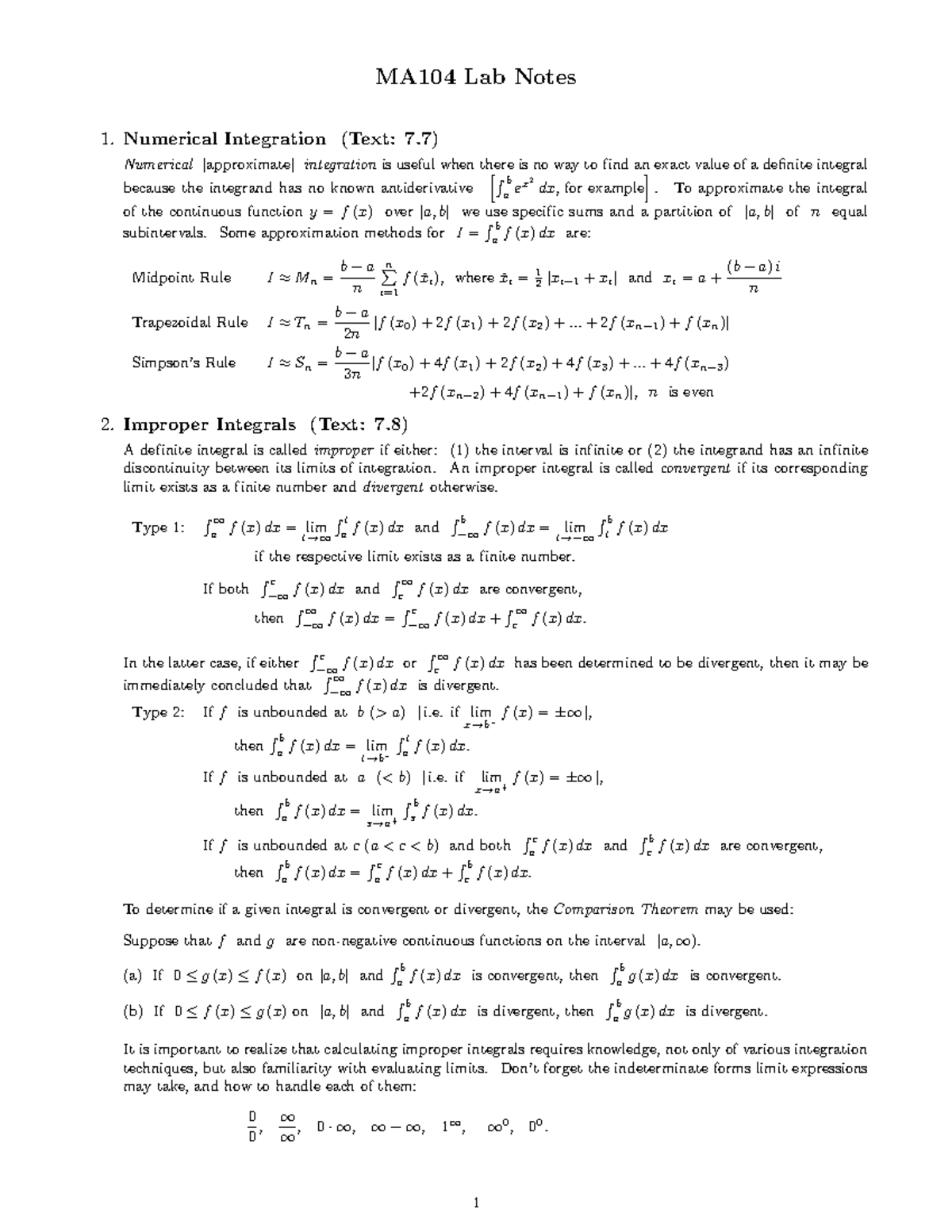 104prep2 - this is MA104 2nd lab note - MA104 Lab Notes 1 Integration ...