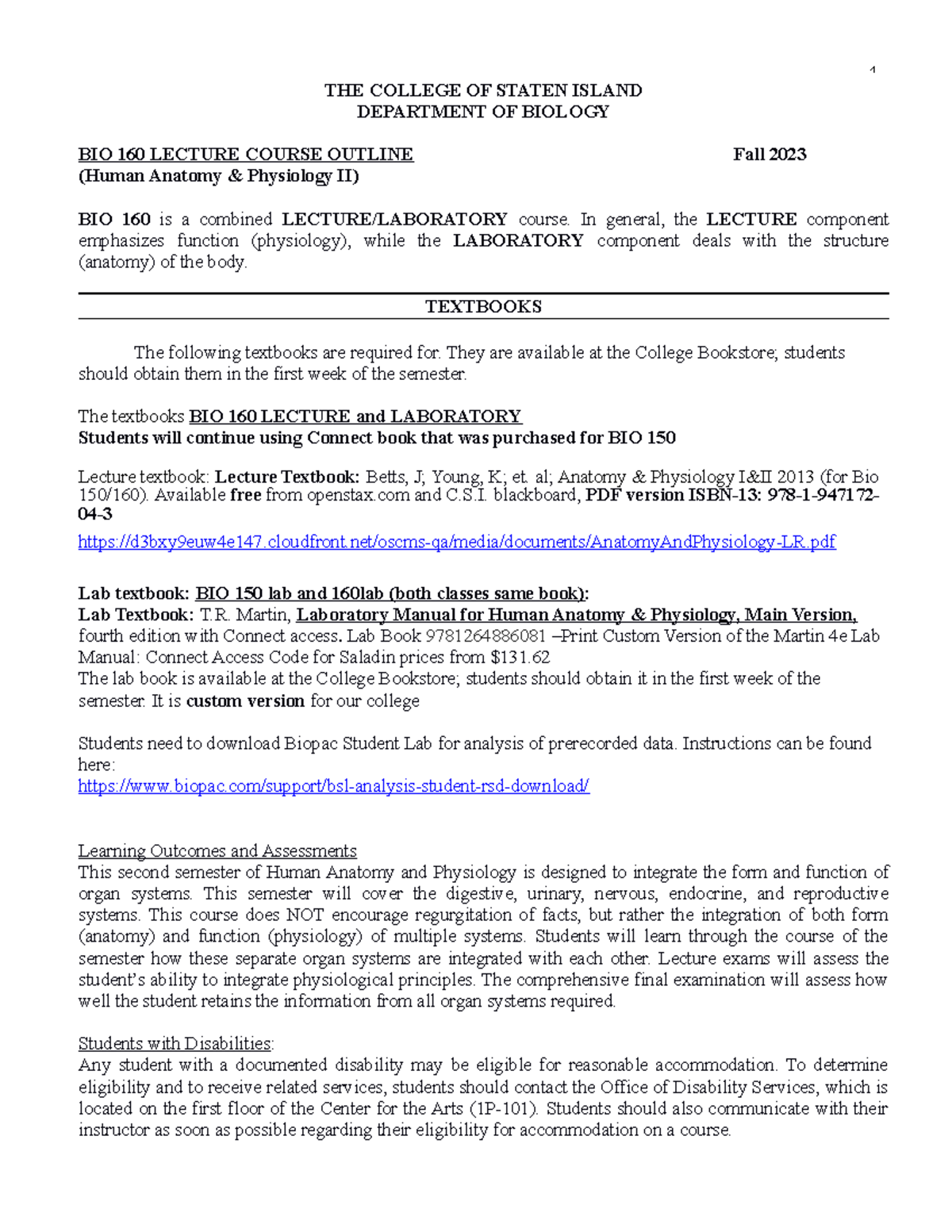 160Lect Fall 2023Syllabus - THE COLLEGE OF STATEN ISLAND DEPARTMENT OF ...