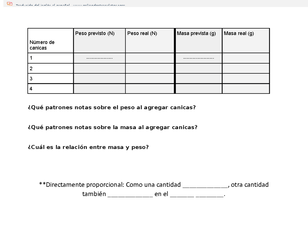 Mass and Weight Venn Diagram Número de canicas Peso previsto (N) Peso