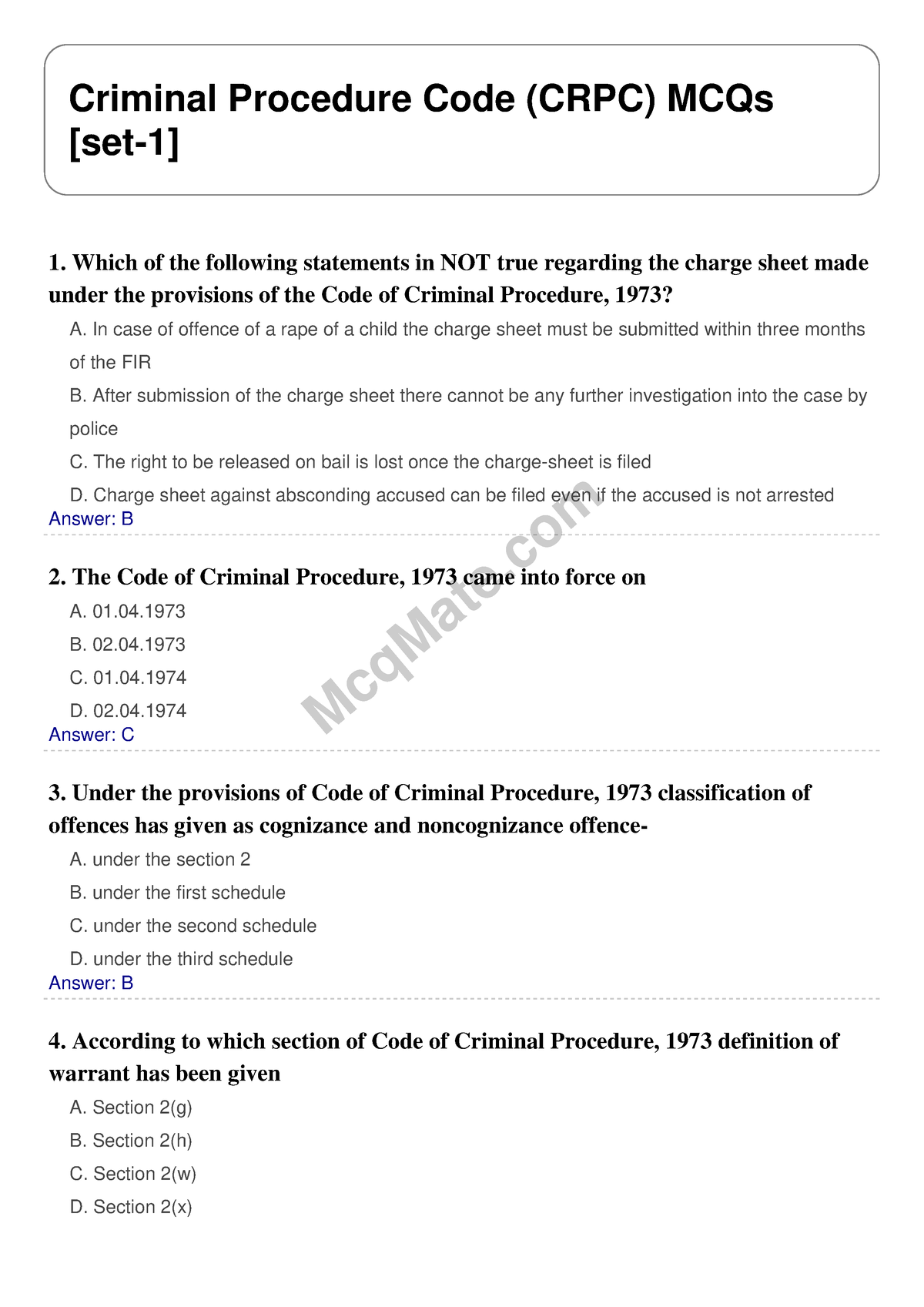 Criminalprocedurecodecrpcset1 mcqmate McqMate Criminal Procedure