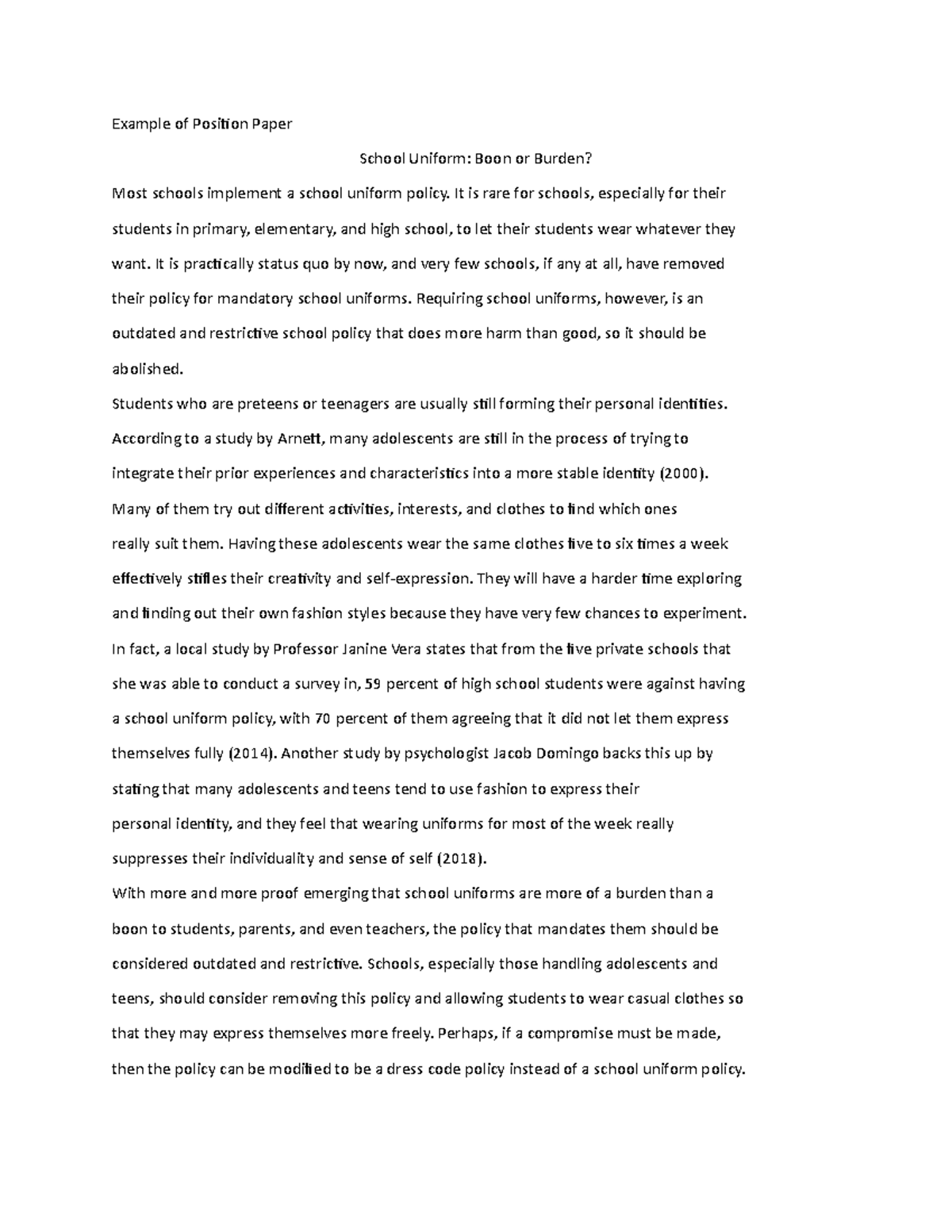 Position paper - sample essay from internet about uniform - Example of ...