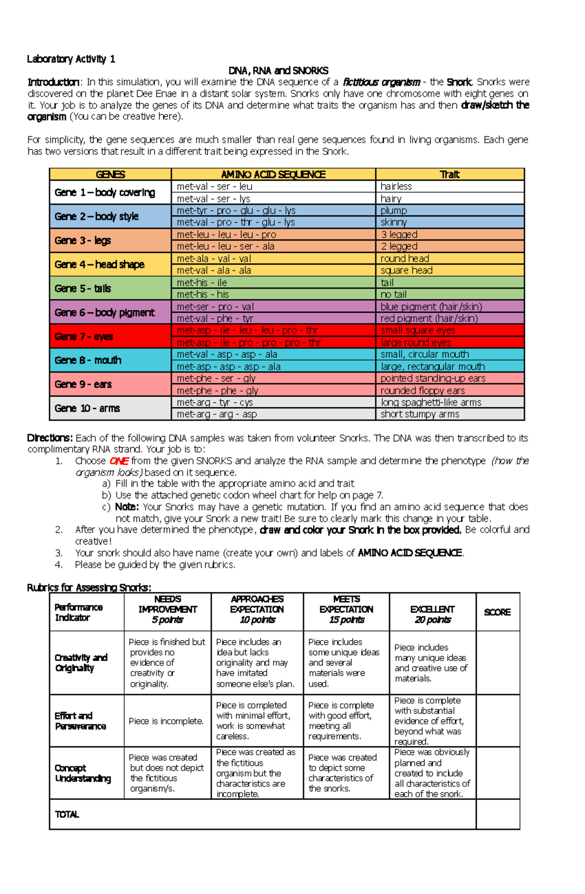 ProteinSynthesis Snork Laboratory Activity 1 DNA, RNA and SNORKS