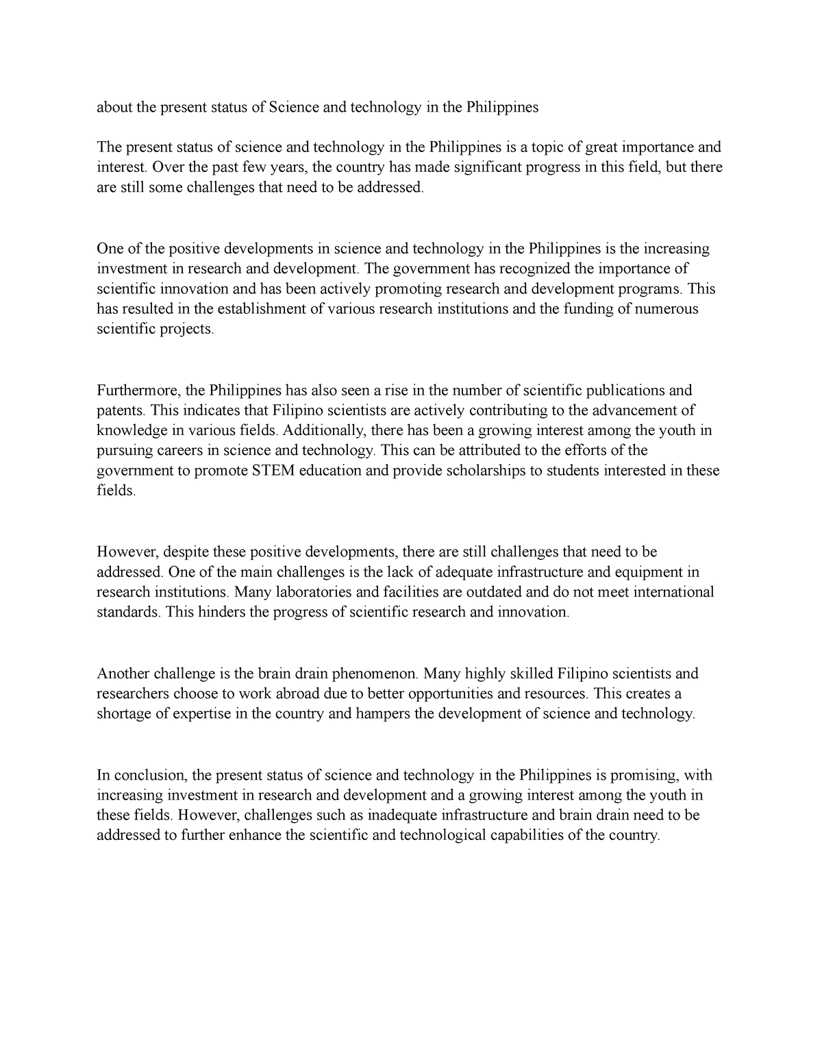 present status of science and technology in the philippines essay