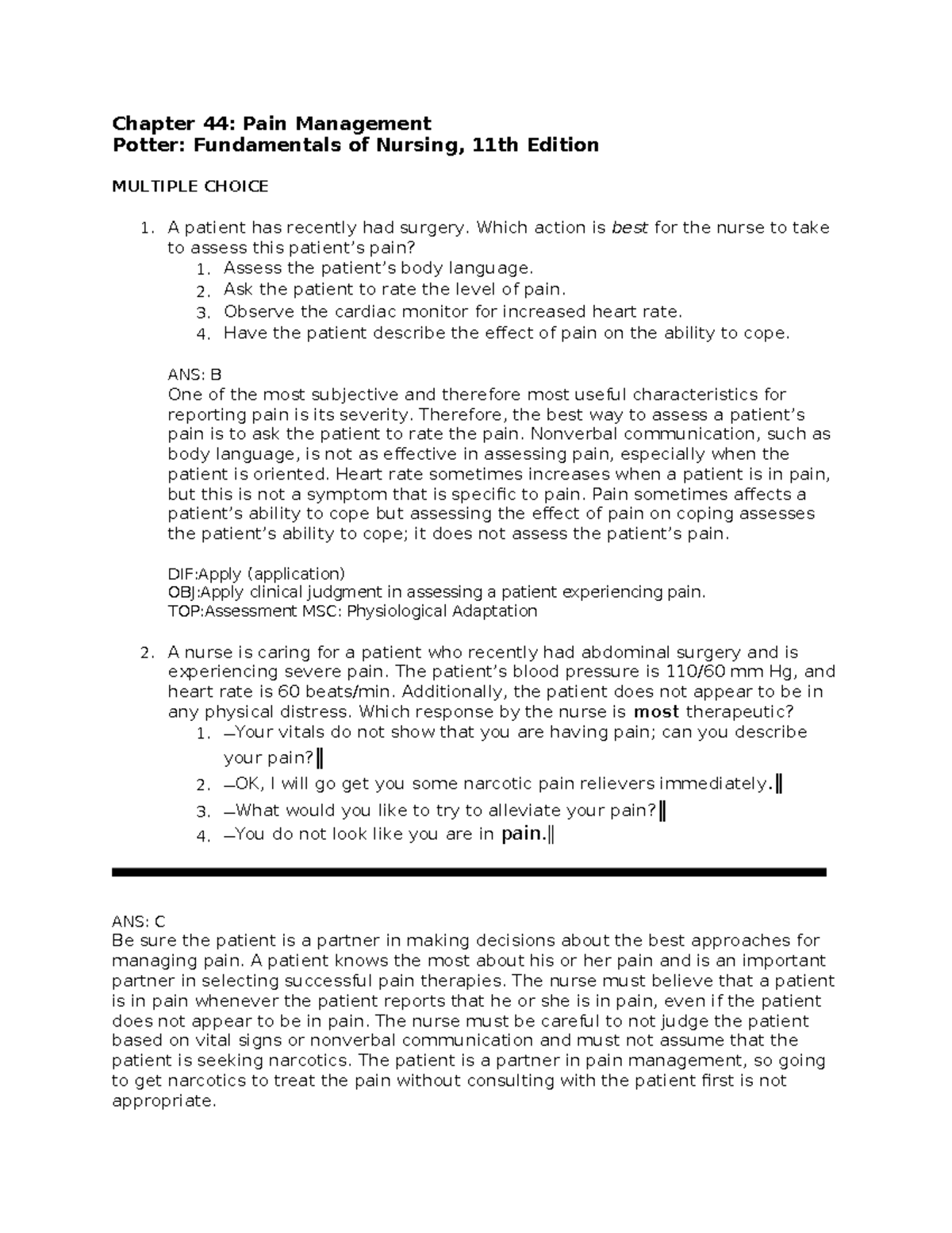 N 171 Exam 4 - Nursing - Chapter 44: Pain Management Potter ...