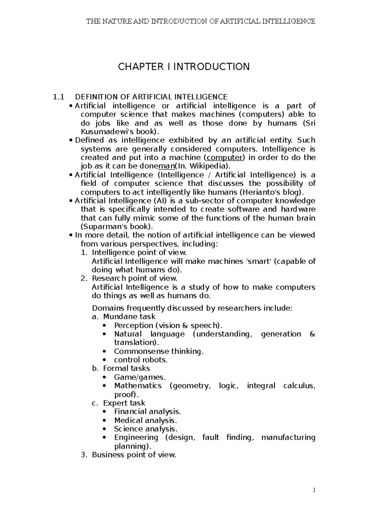THE Nature AND Introduction OF Artificial Intelligence - CHAPTER I ...