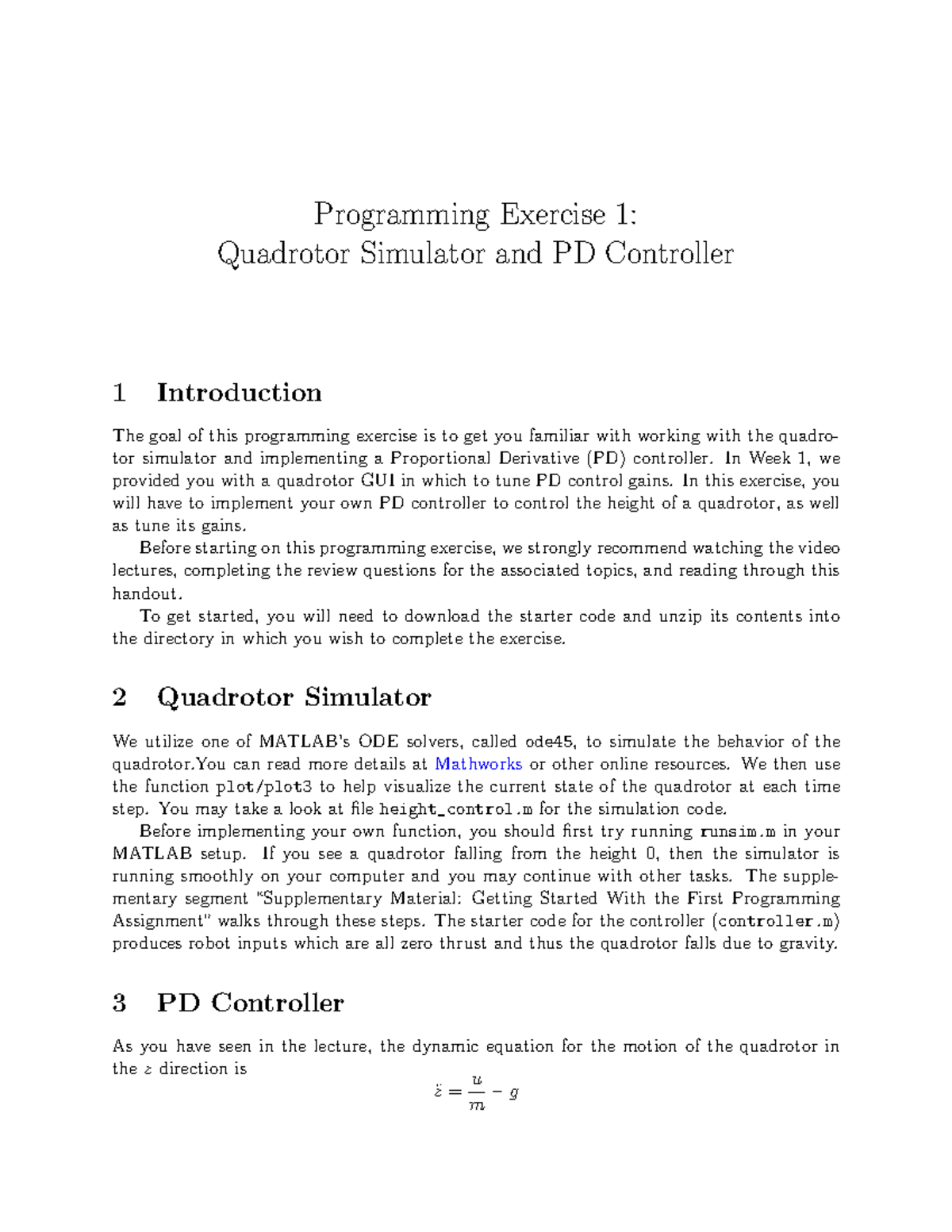 programming assignment 1 d quadrotor control