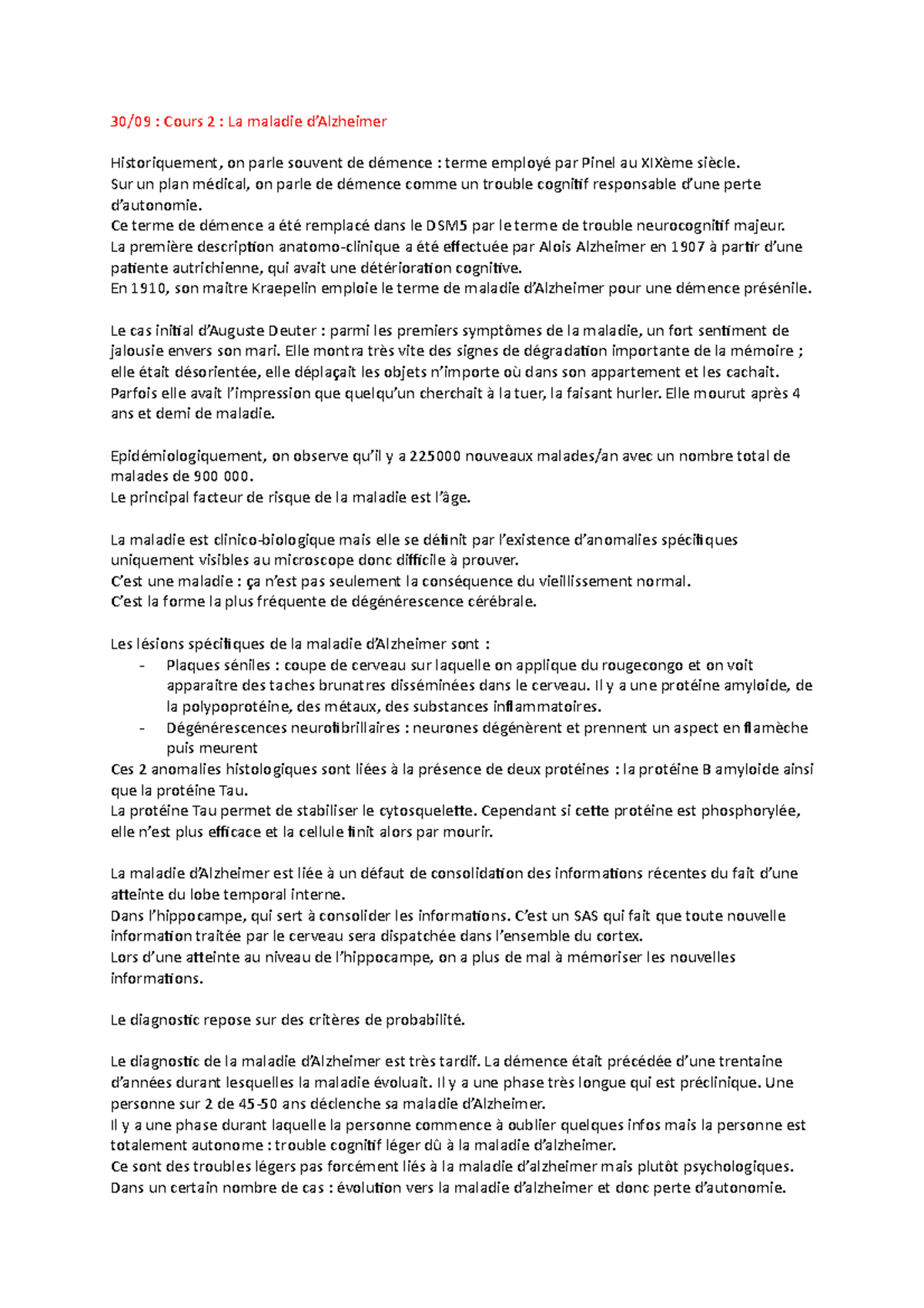 Cours 2 La maladie d’Alzheimer - 30/09 : Cours 2 : La maladie d ...
