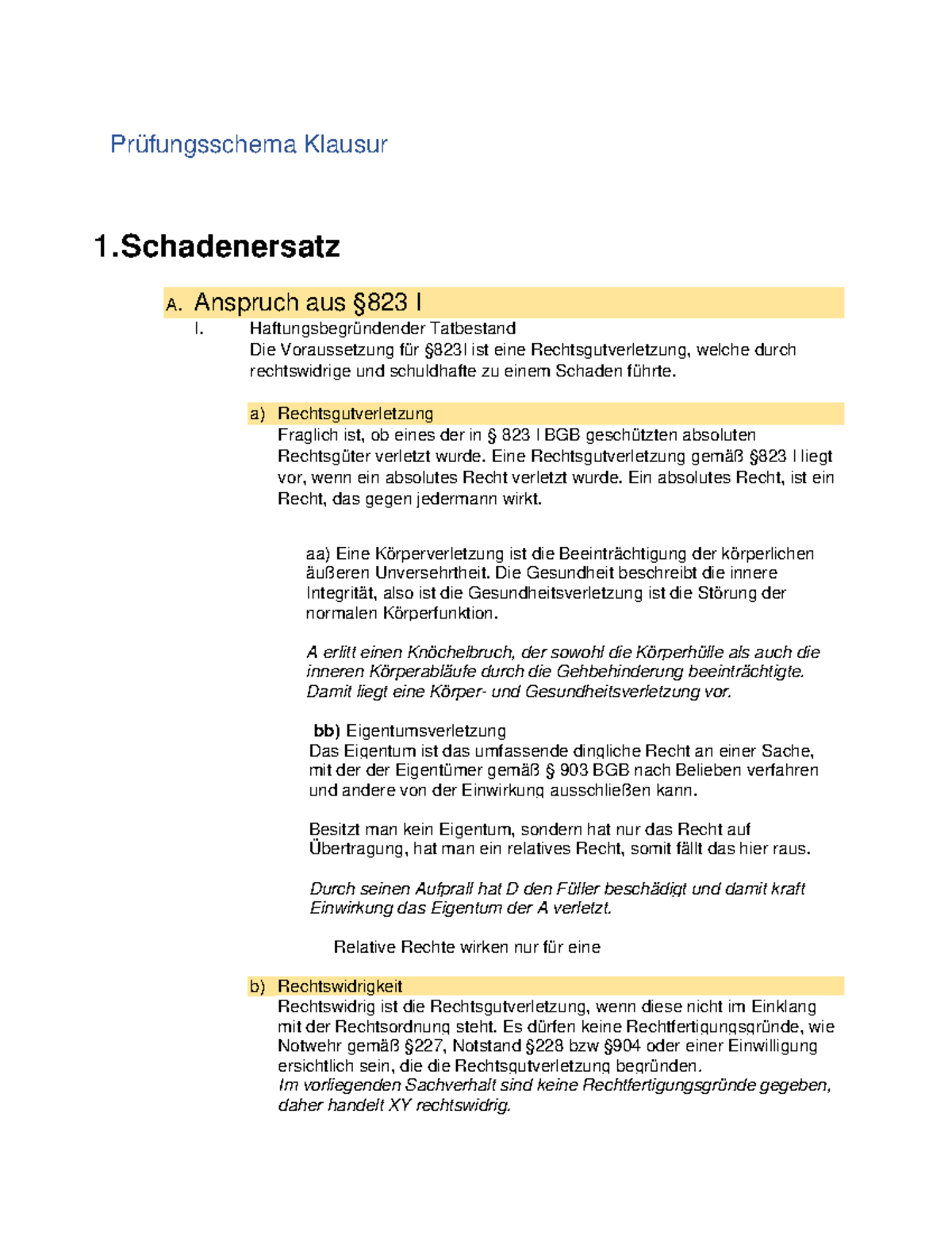 Prüfungsschema Schadensersatz - Prüfungsschema Klausur 1. Schadenersatz ...