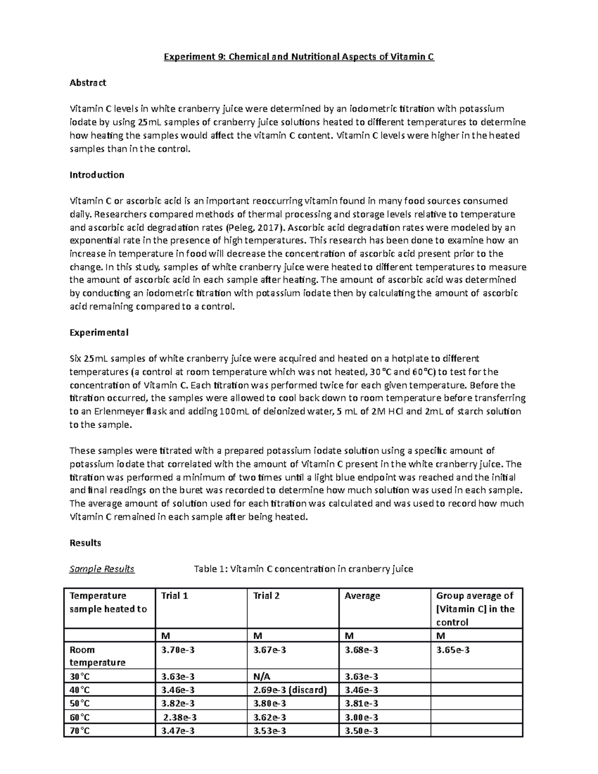 Lab 9 Experiment 9 Chemical and Nutritional Aspects of Vitamin C