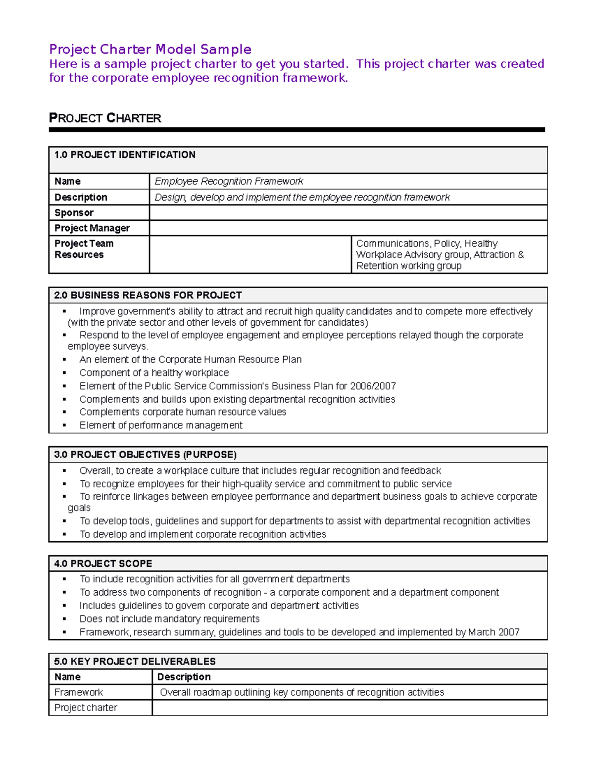 Project Charter Sample - Project Charter Model Sample Here is a sample ...