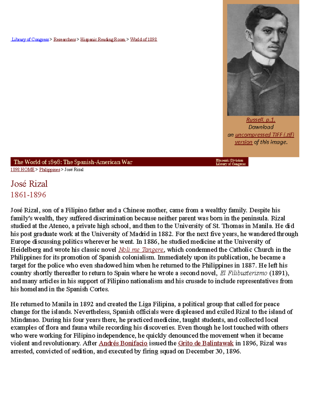 Congress - RIZAL - Library of Congress > Researchers > Hispanic Reading ...