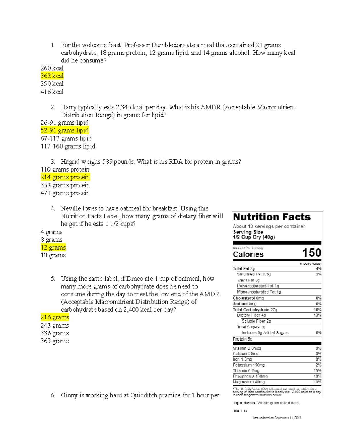 Calculations Final Exam - For the welcome feast, Professor Dumbledore ...