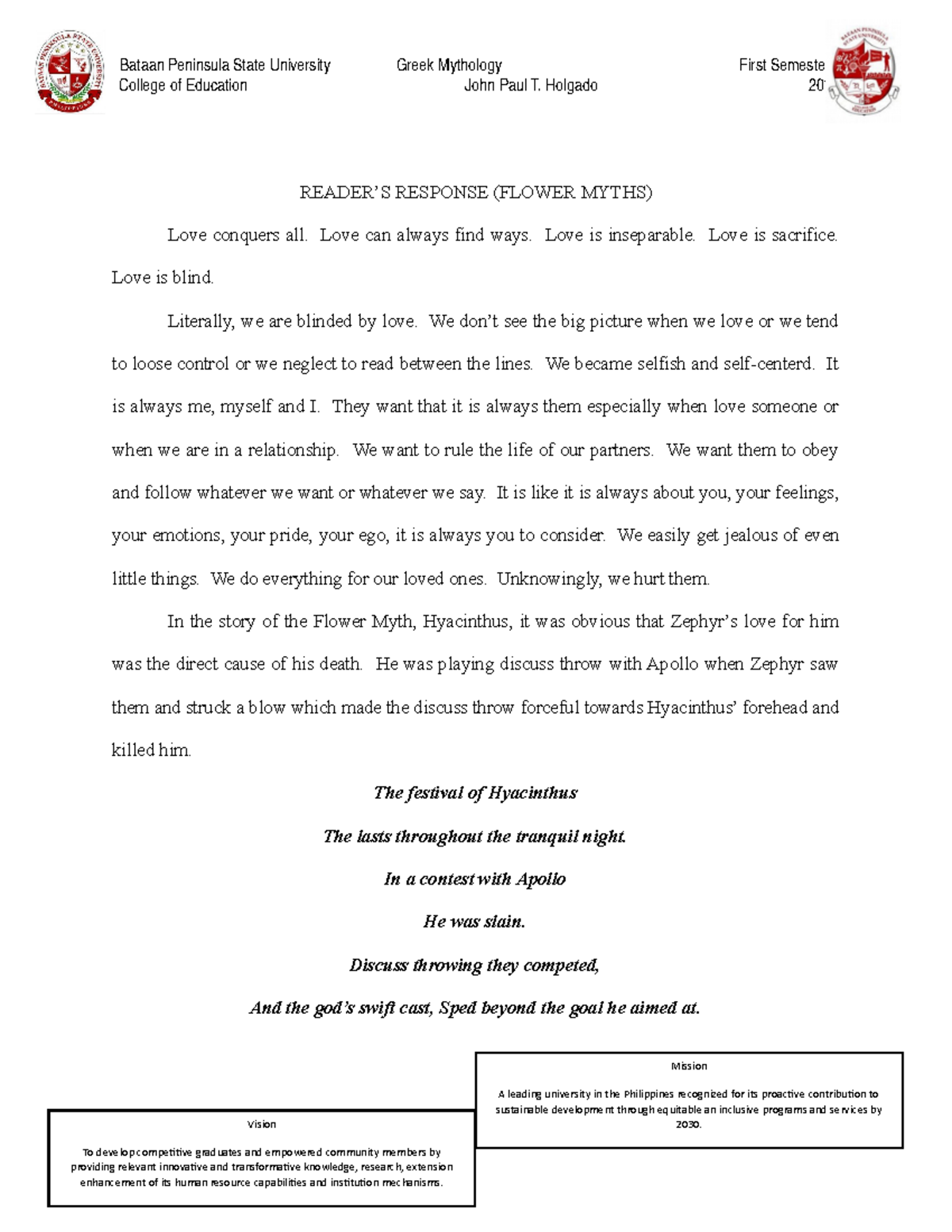 Flower myth reader's response Mission sustainable development