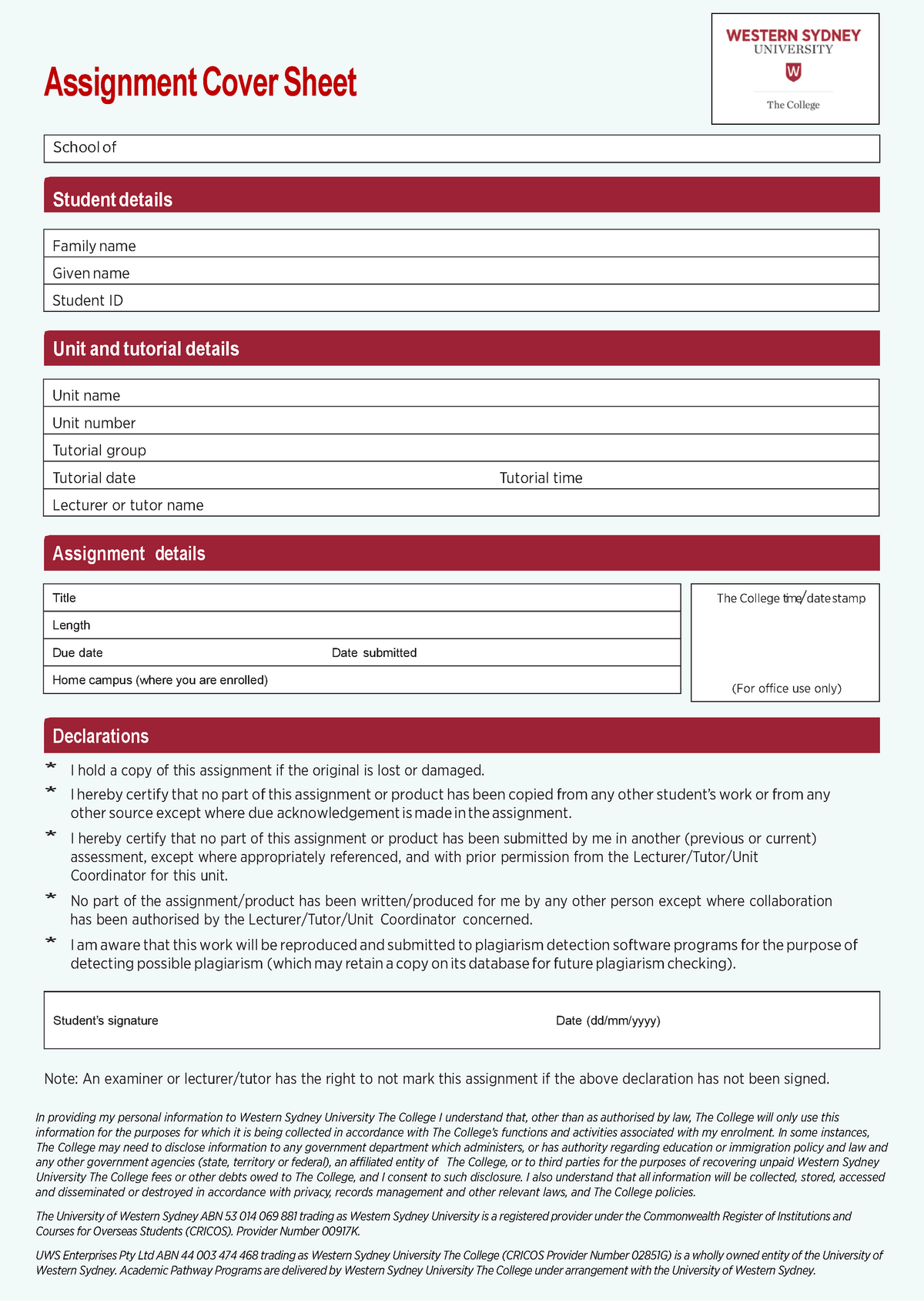 uws individual assignment cover sheet