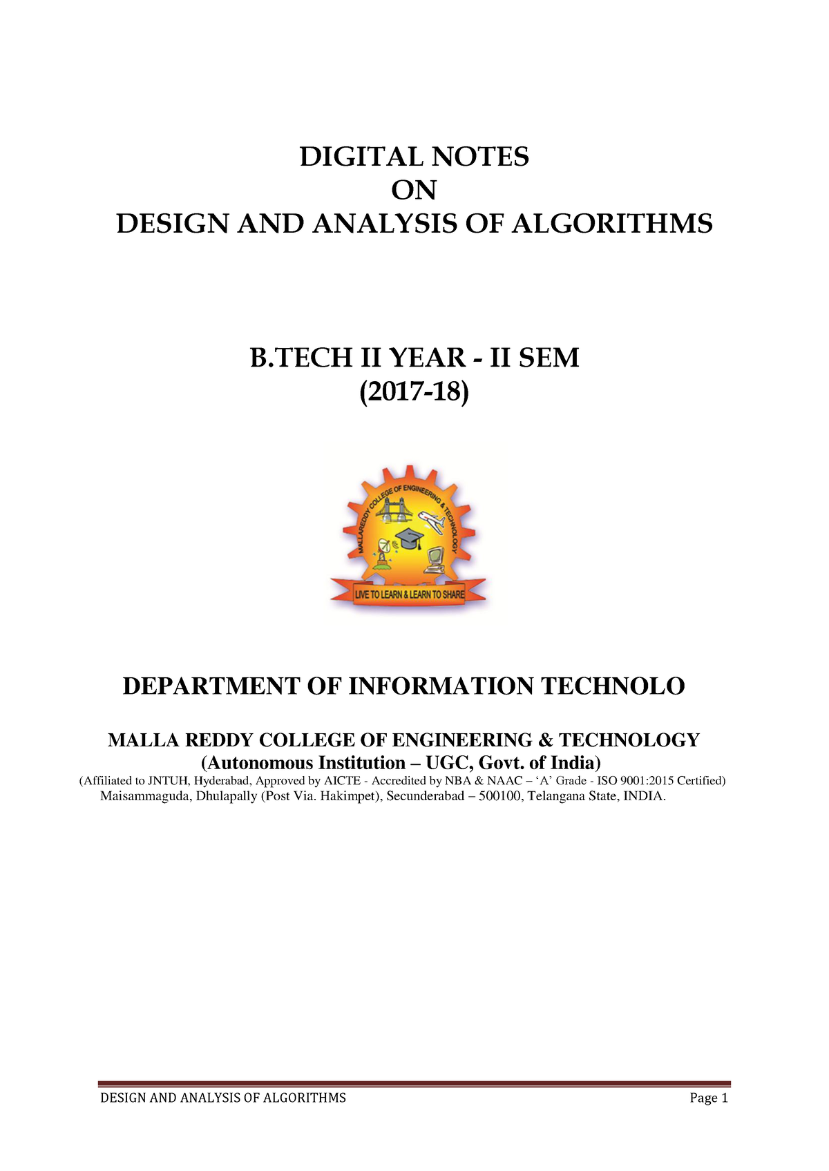 Design And Analysis Algorithms - DIGITAL NOTES ON DESIGN AND ANALYSIS ...