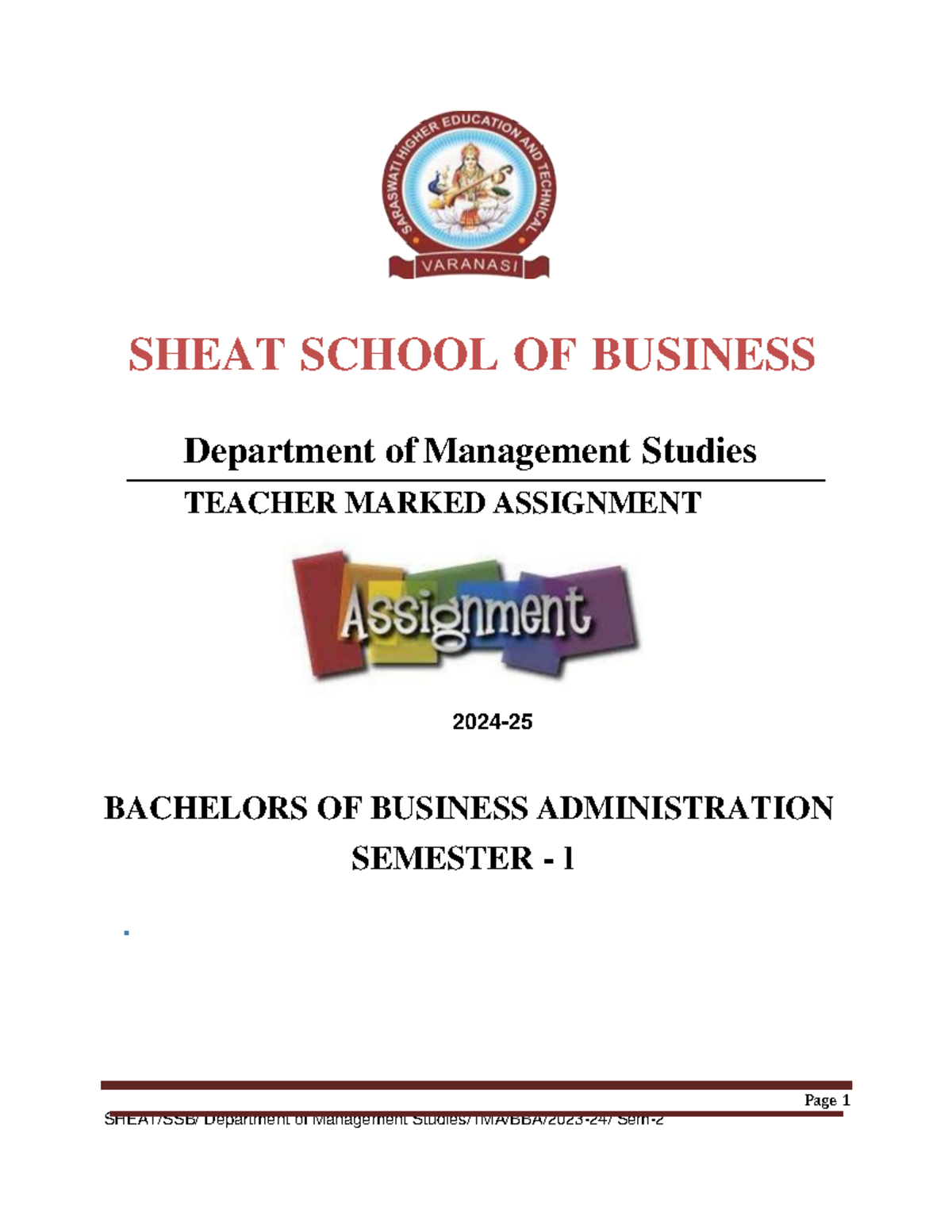 BE-TMA-BBA I - assignment - Page 1 SHEAT/SSB/ Department of Management ...