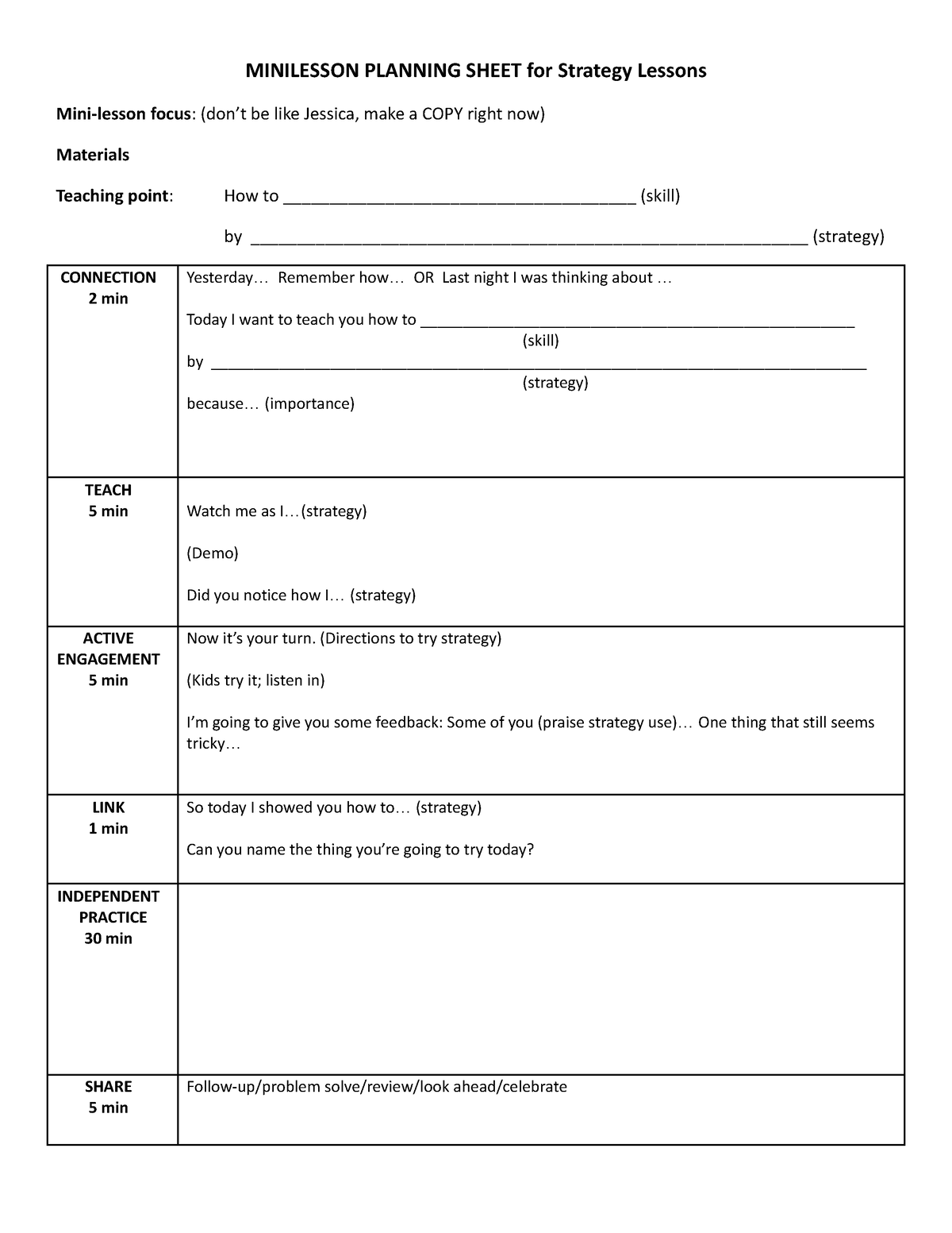 Minilesson Planning Sheet - MINILESSON PLANNING SHEET for Strategy ...