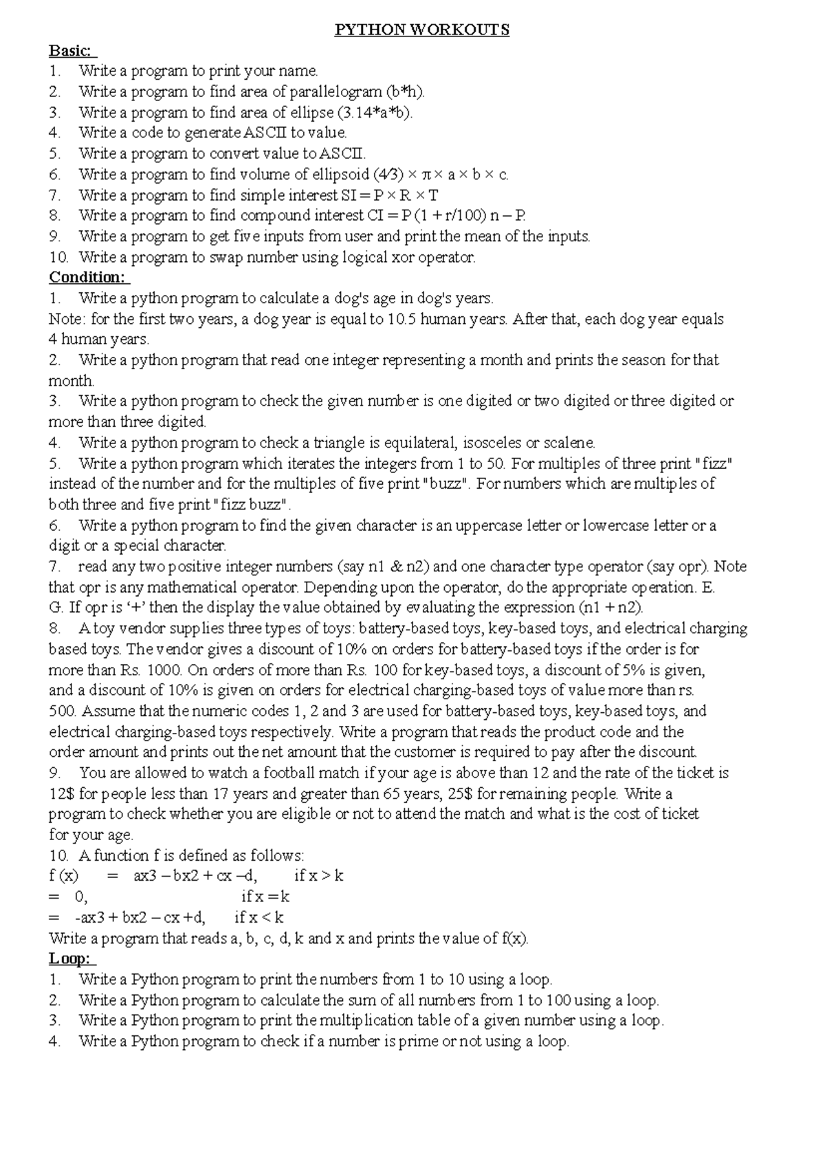 Python Workouts(11-04-2024) - PYTHON WORKOUTS Basic: Write a program to ...