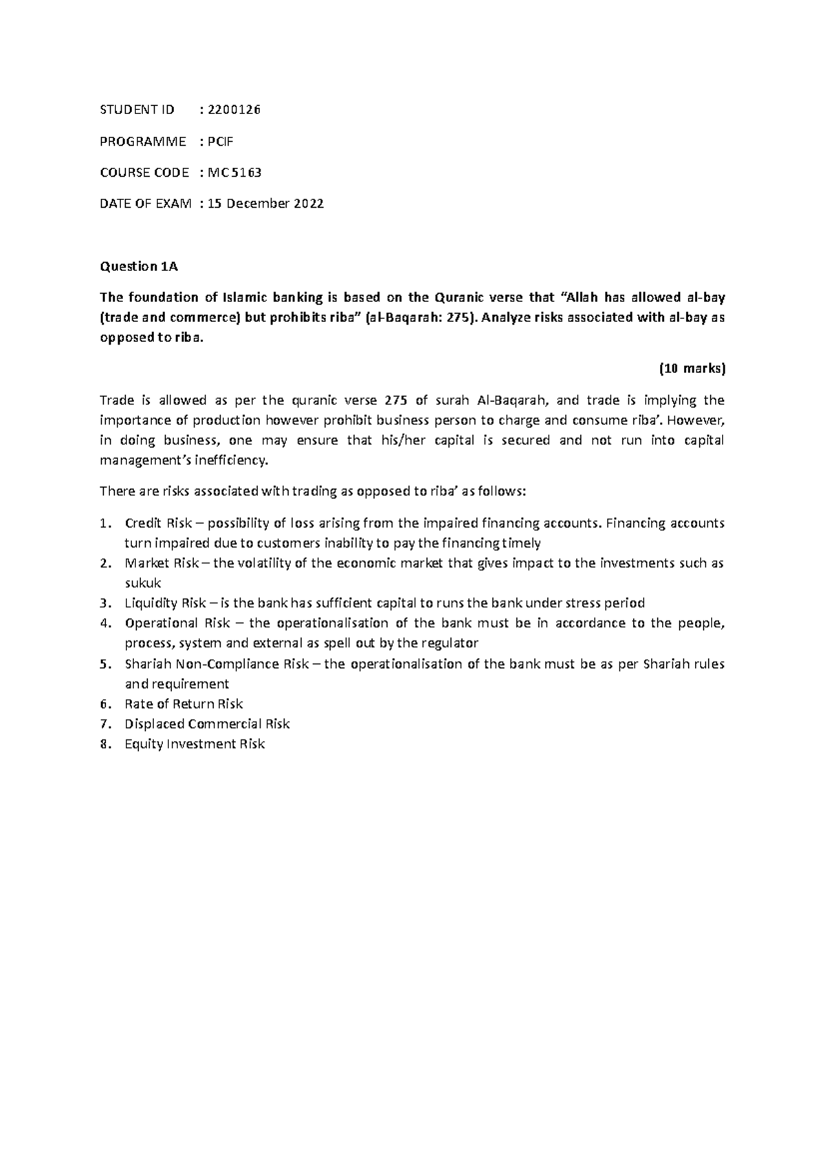 22001 26 MC5163 - Assignment on Shariah Aspect - STUDENT ID : 2200126 ...