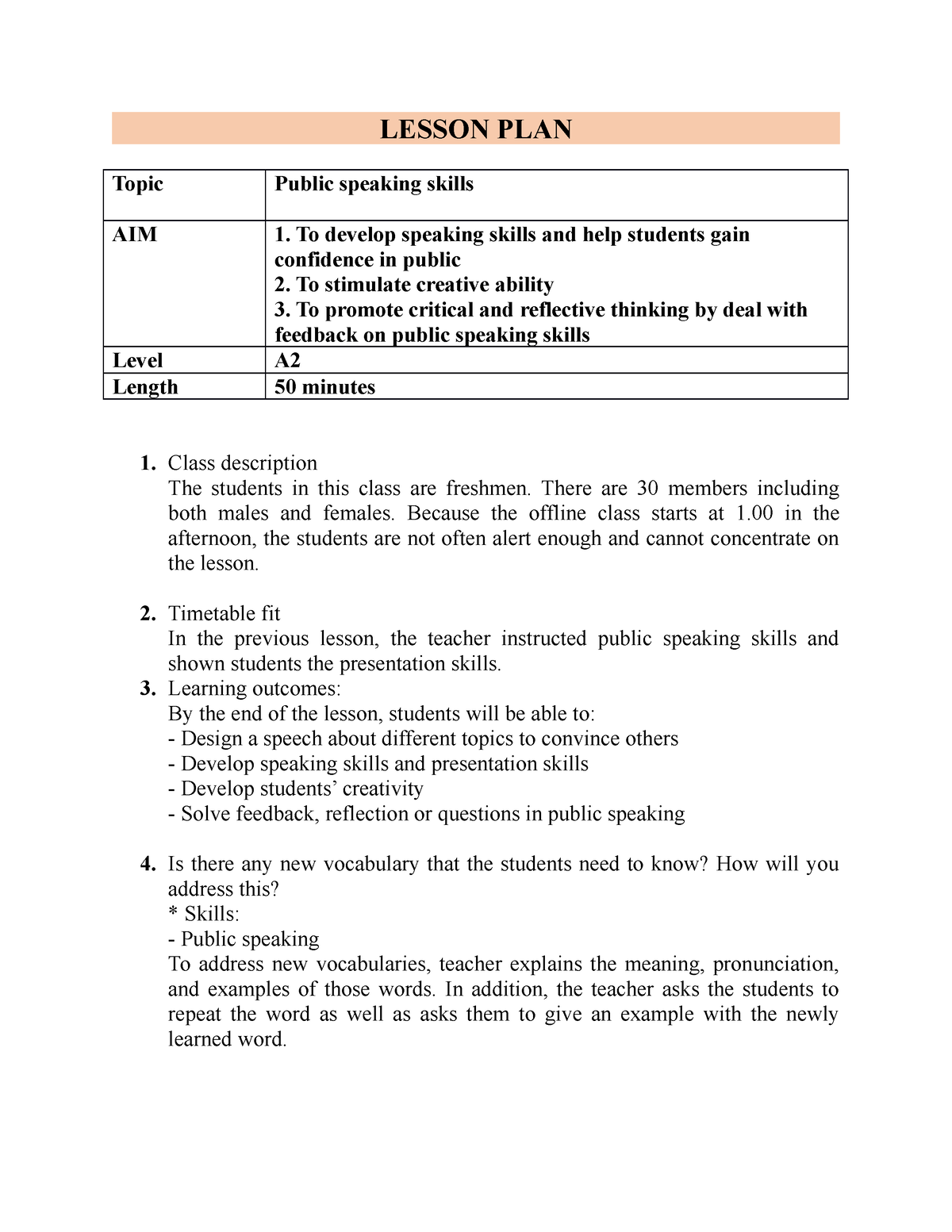 Lesson Plan Speaking LESSON PLAN Topic Public Speaking Skills AIM 1 To Develop Speaking 