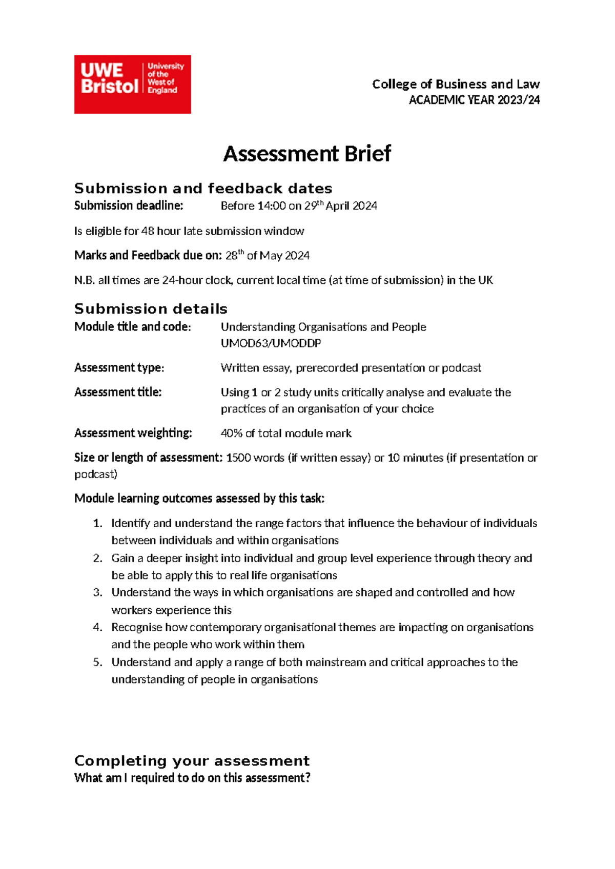 Assessment brief 2023-24 (comp A) - College of Business and Law ...