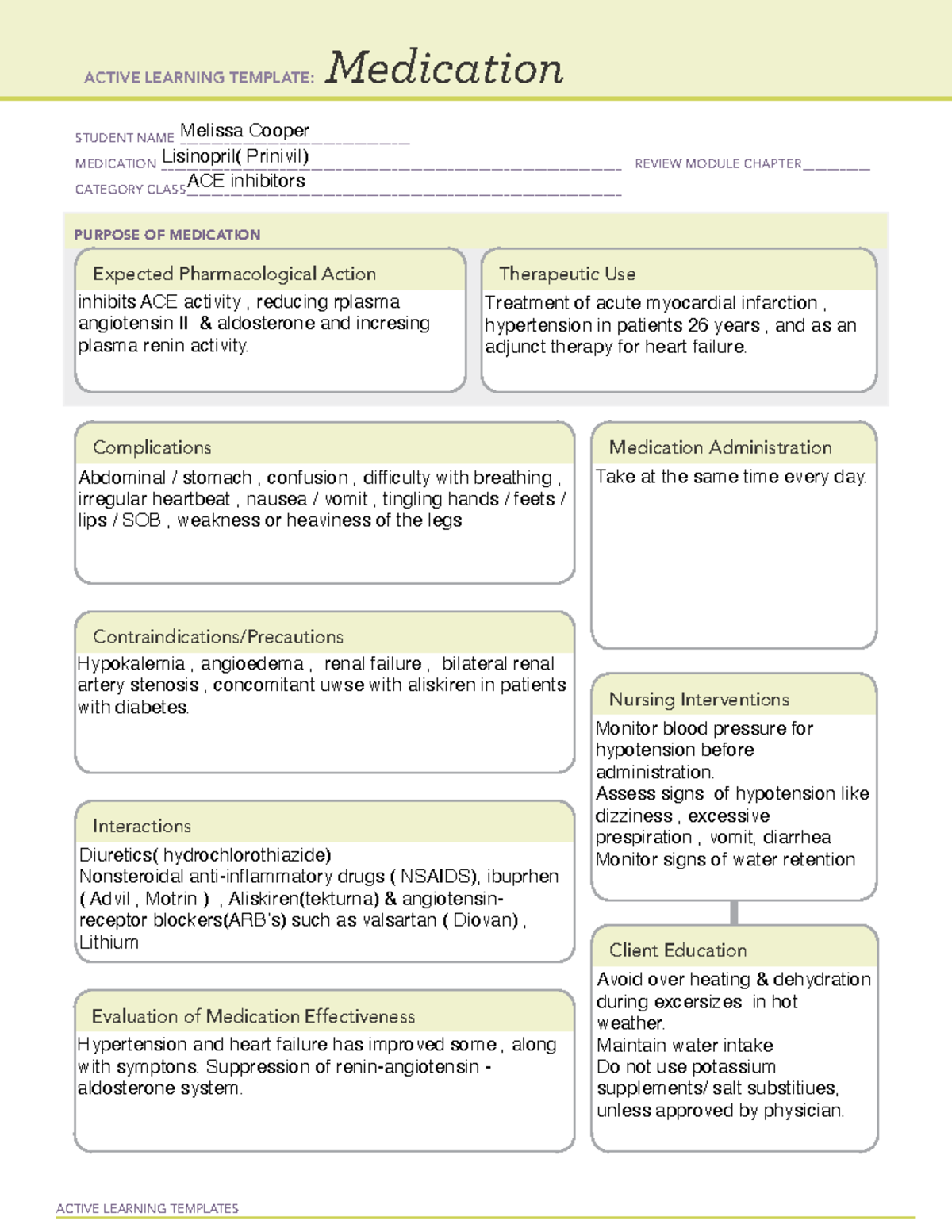 3rd med ; lisnipril; week 8 - ACTIVE LEARNING TEMPLATES Medication ...