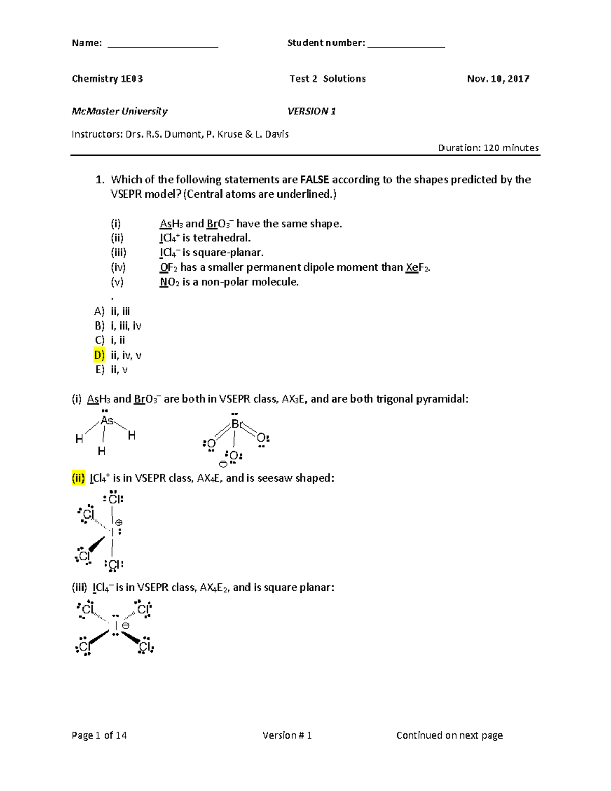 Test 2-2017-1-solns - practice test 2 - Chemistry 1E03 Test 2 Solutions ...