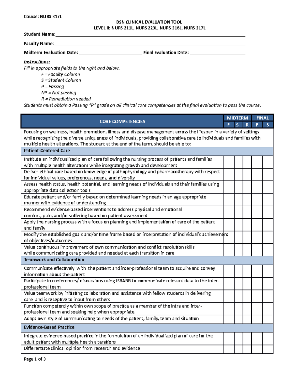 NURS 317L - BSN Clinical Evaluation Tool Level II - NURS 317L - WCU ...