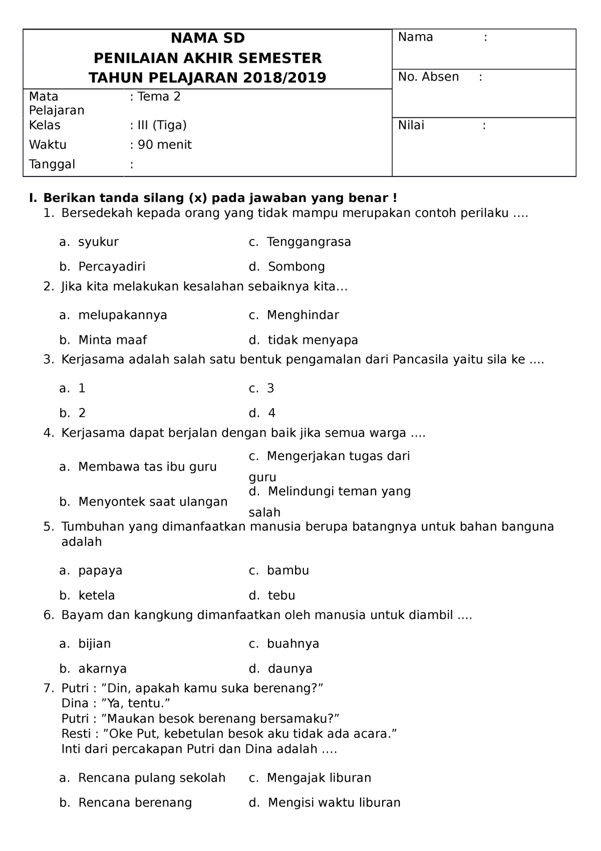 Soal Pas Kelas Tema Nama Sd Nama Penilaian Akhir Semester Tahun Porn Sex Picture